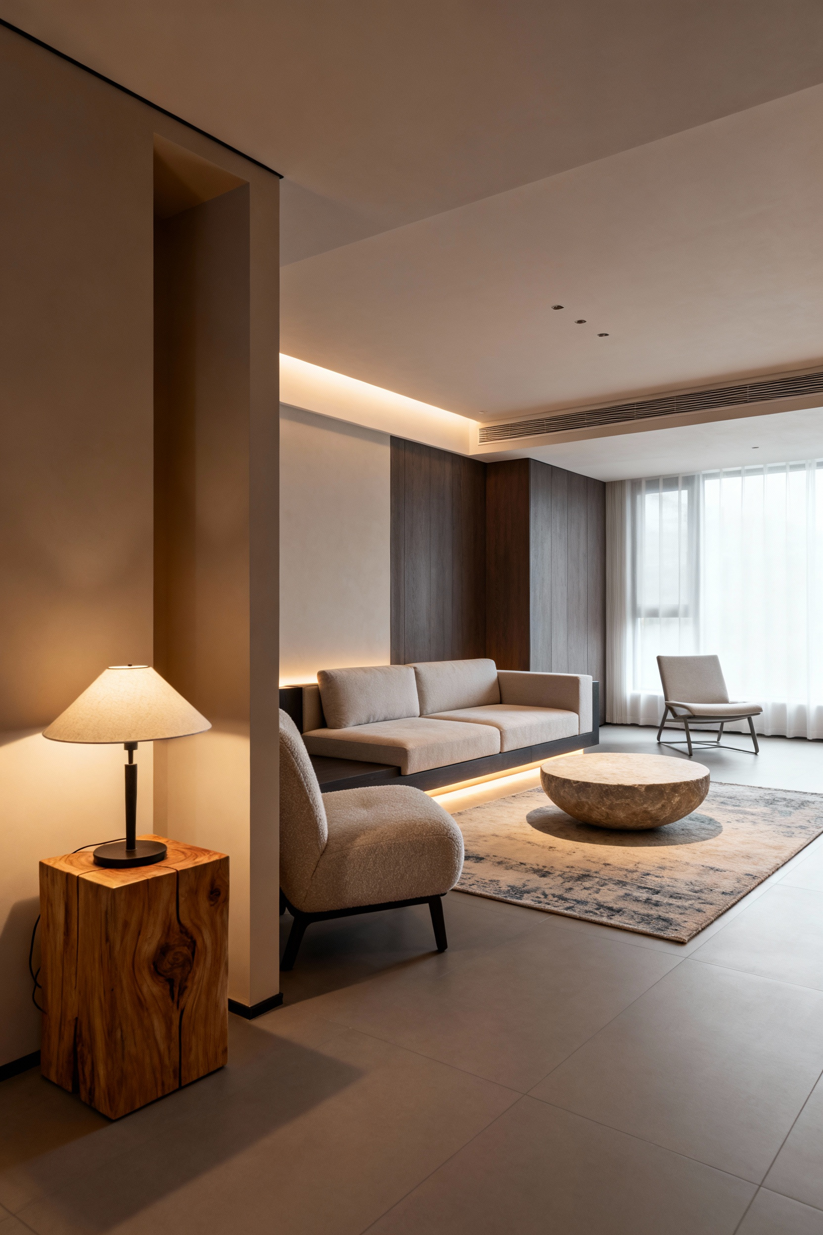 Portrait image of a modern living room intelligently designed with distinct zones for reading, socializing, and quiet contemplation, using area rugs, modular furniture, and layered lighting to delineate spaces, enhancing functionality and promoting holistic well-being.