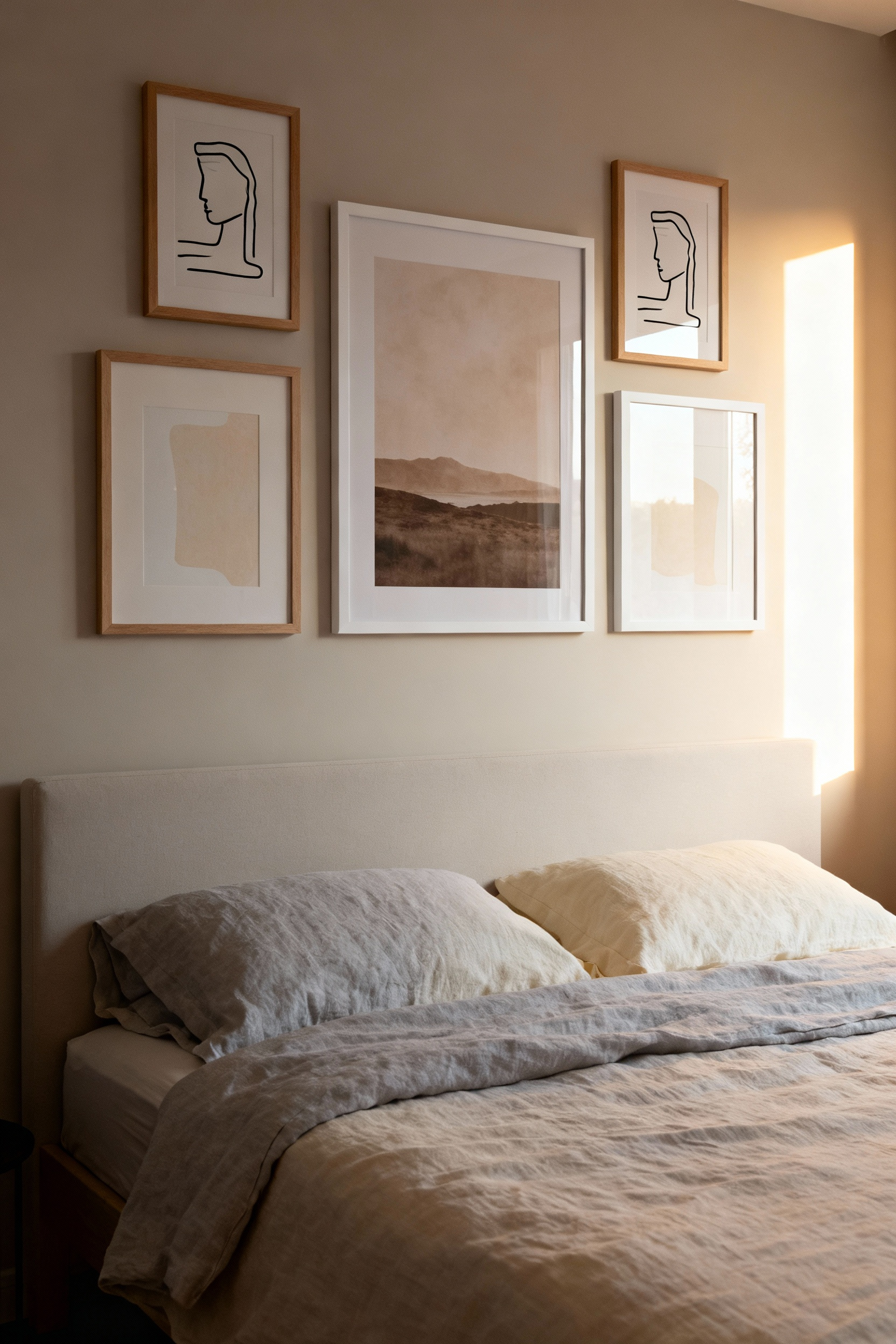 A serene bedroom wall decorated with a low-contrast gallery of five framed artworks, featuring sepia tones, monochromatic photography, and minimalist line drawings to reduce visual stimulation.