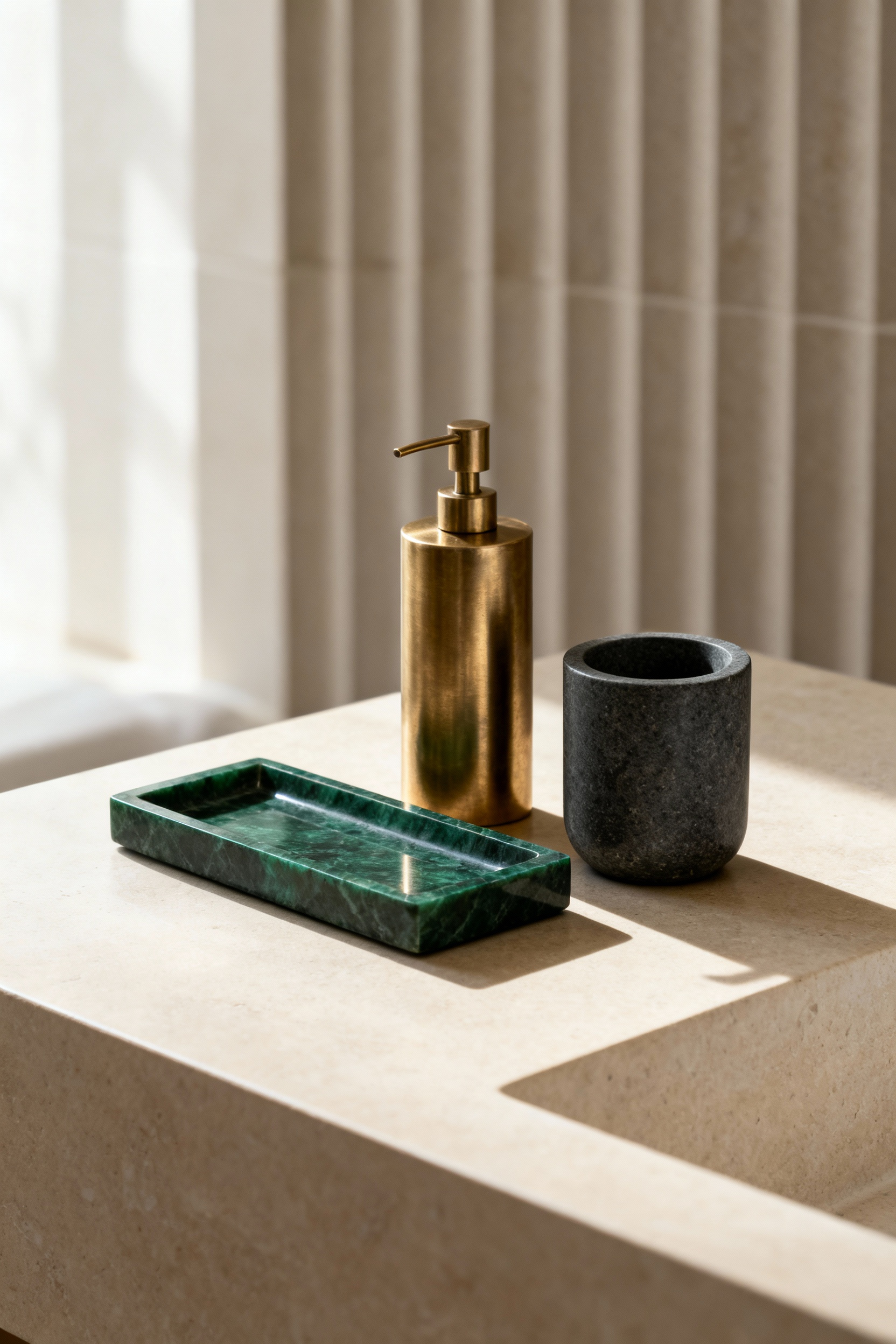 A collection of weighted bathroom accessories including a solid brass dispenser, a green marble tray, and a matte stone tumbler resting on a light stone vanity counter in a minimalist spa setting.