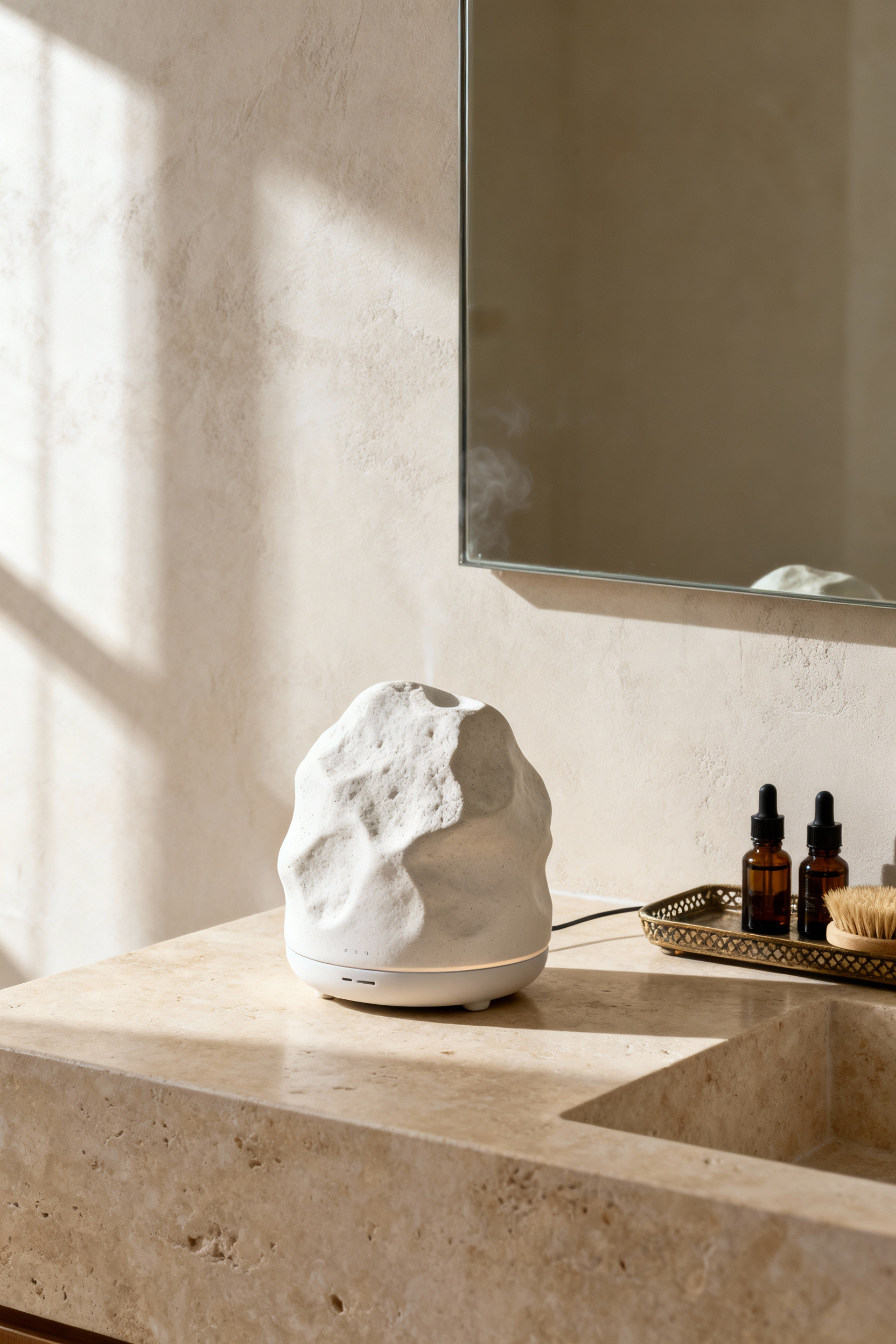 Sculptural matte ceramic ultrasonic stone diffuser displayed on a luxury travertine bathroom vanity as a modern bathroom accessory idea.