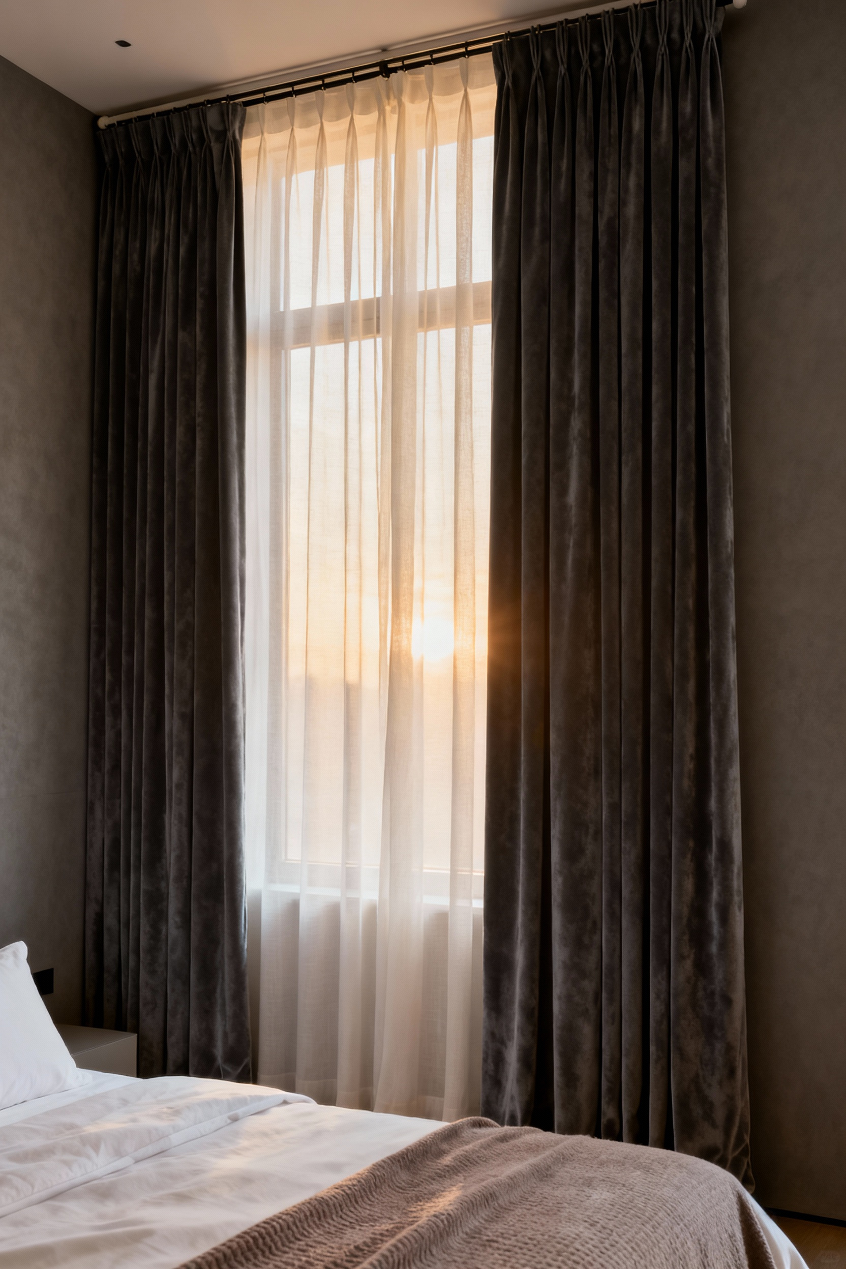 Luxurious bedroom interior design featuring a double-track drapery system with heavy charcoal velvet blackout curtains layered over airy white linen sheers, designed for optimal light control and sensory warmth.