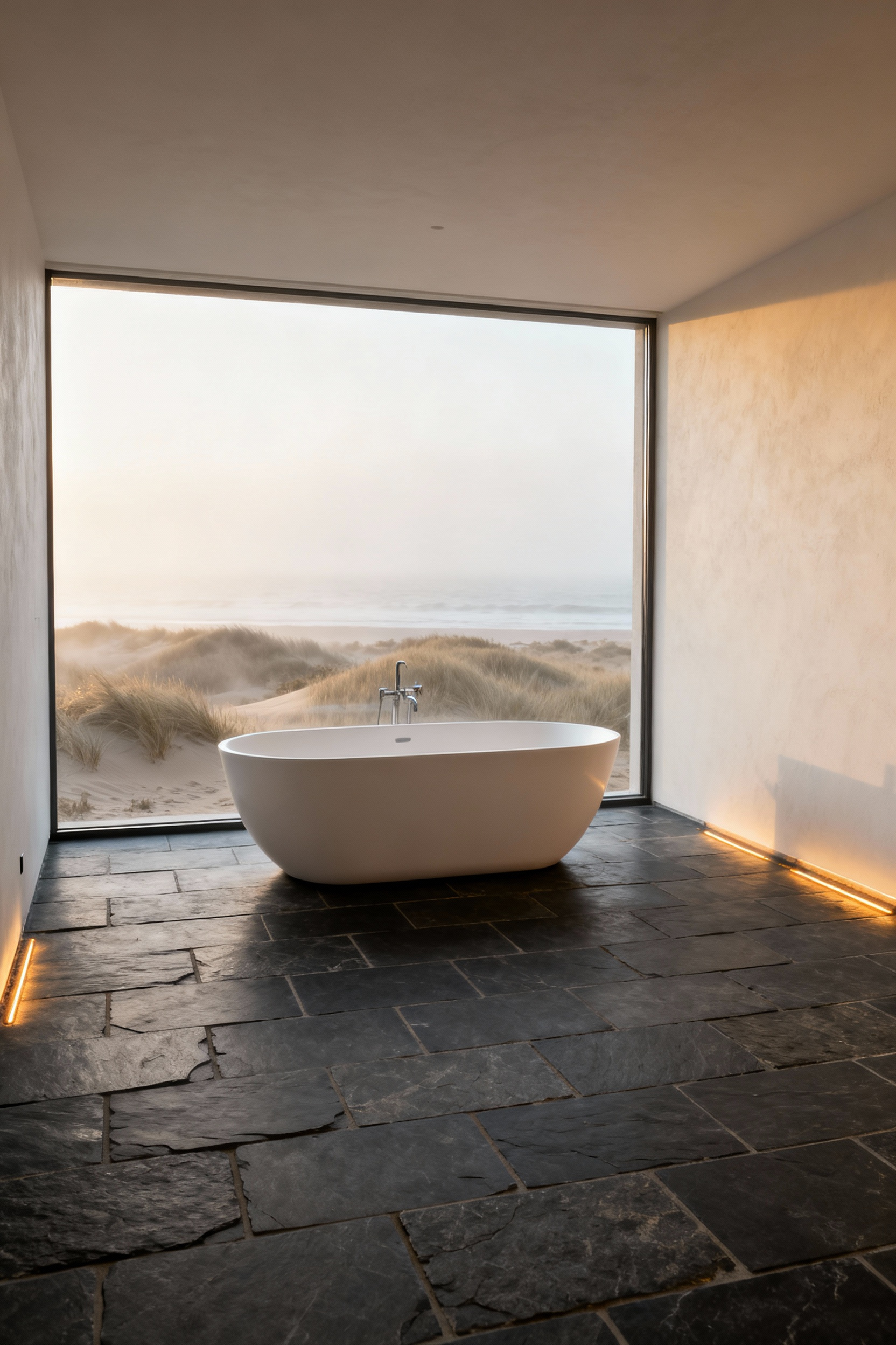 A spa-like coastal bathroom featuring large dark slate tiles on the floor, suggesting heated natural stone conductivity, anchored by a white freestanding tub.