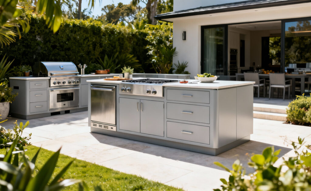 Pristine marine-grade HDPE outdoor kitchen cabinets showing unrivaled weather resistance in a bright, natural setting.