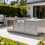 Pristine marine-grade HDPE outdoor kitchen cabinets showing unrivaled weather resistance in a bright, natural setting.