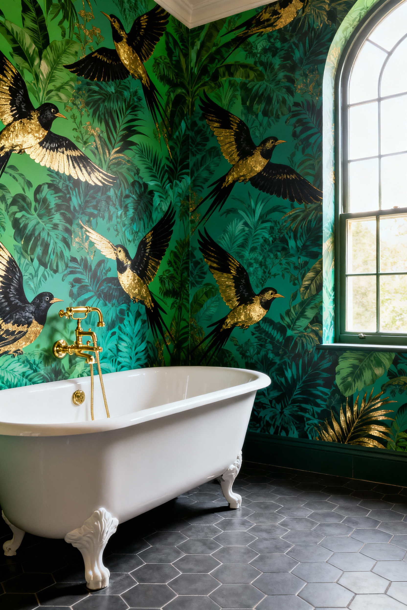 A luxurious bathroom featuring dramatic emerald green and teal fauna wallpaper with dynamic birds in flight, providing dynamic bathroom wallpaper inspiration over a white clawfoot tub.