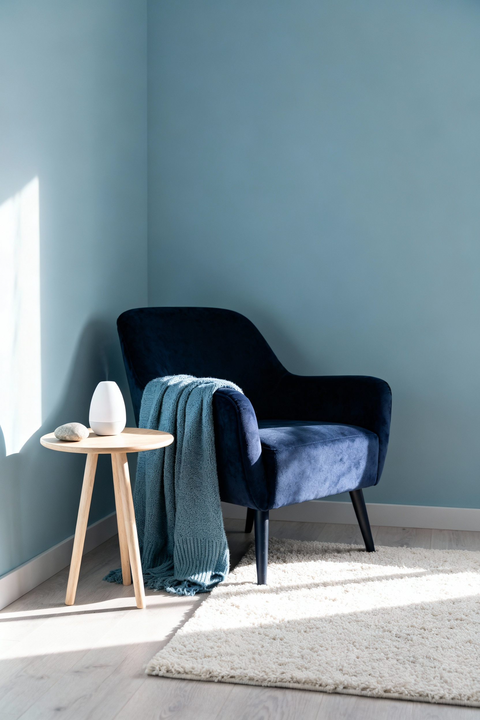 A photograph of a meditative blue bedroom corner featuring a deep navy velvet armchair, a light oak side table, and soft diffused morning light streaming onto the ivory area rug.