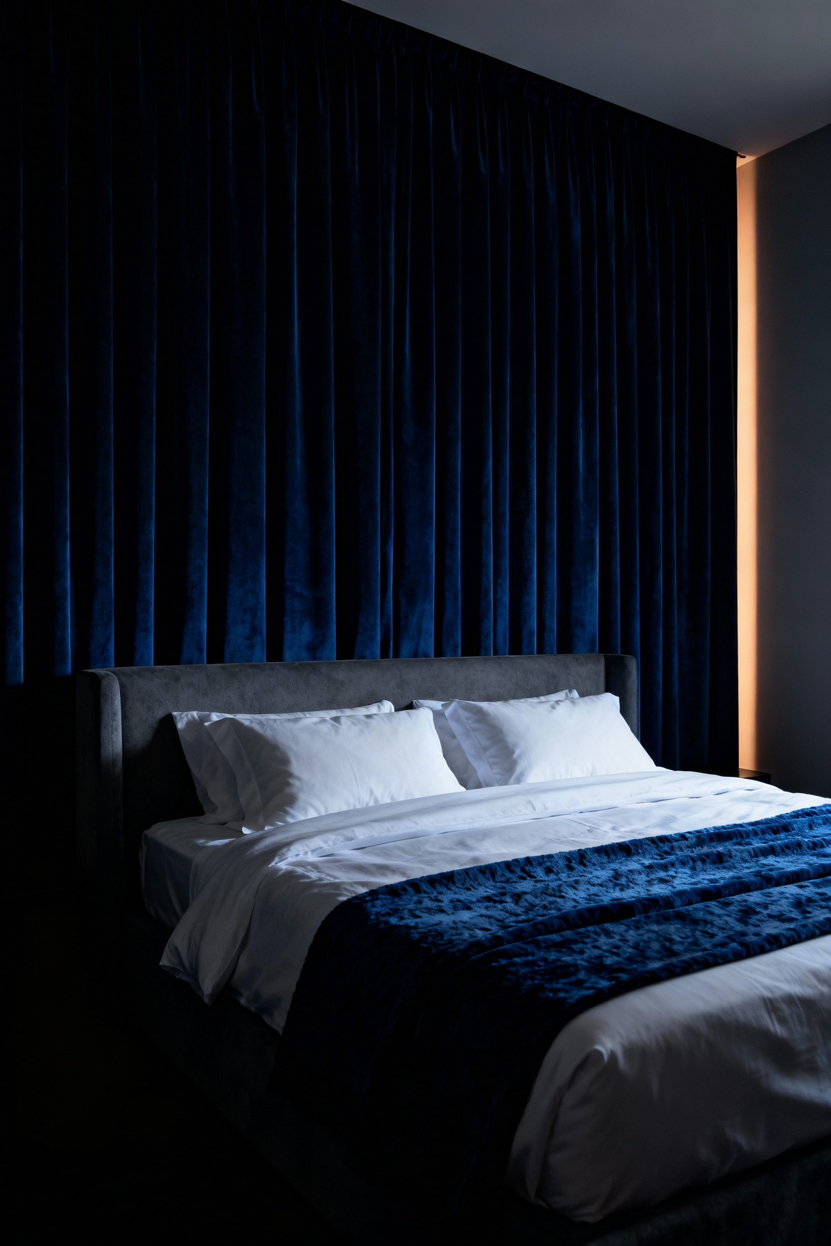 Luxurious primary bedroom featuring heavy, drawn midnight-blue blackout curtains that create total darkness around a king-sized bed, demonstrating optimal light exclusion for sleep.