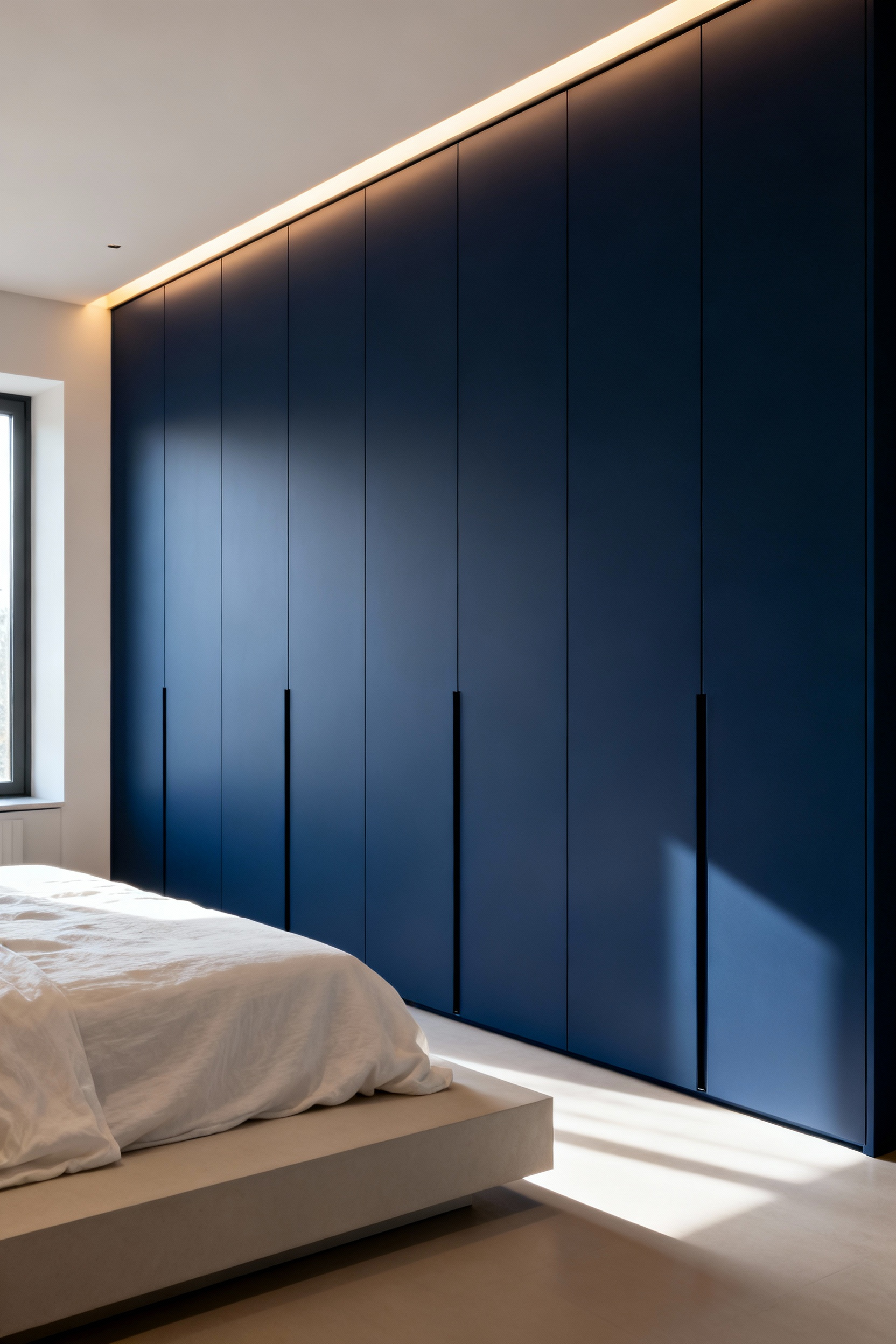 Minimalist bedroom design featuring an entire wall of floor-to-ceiling, handle-less storage closets painted in a matte midnight blue, effectively camouflaging clutter and promoting a stress-reducing environment.