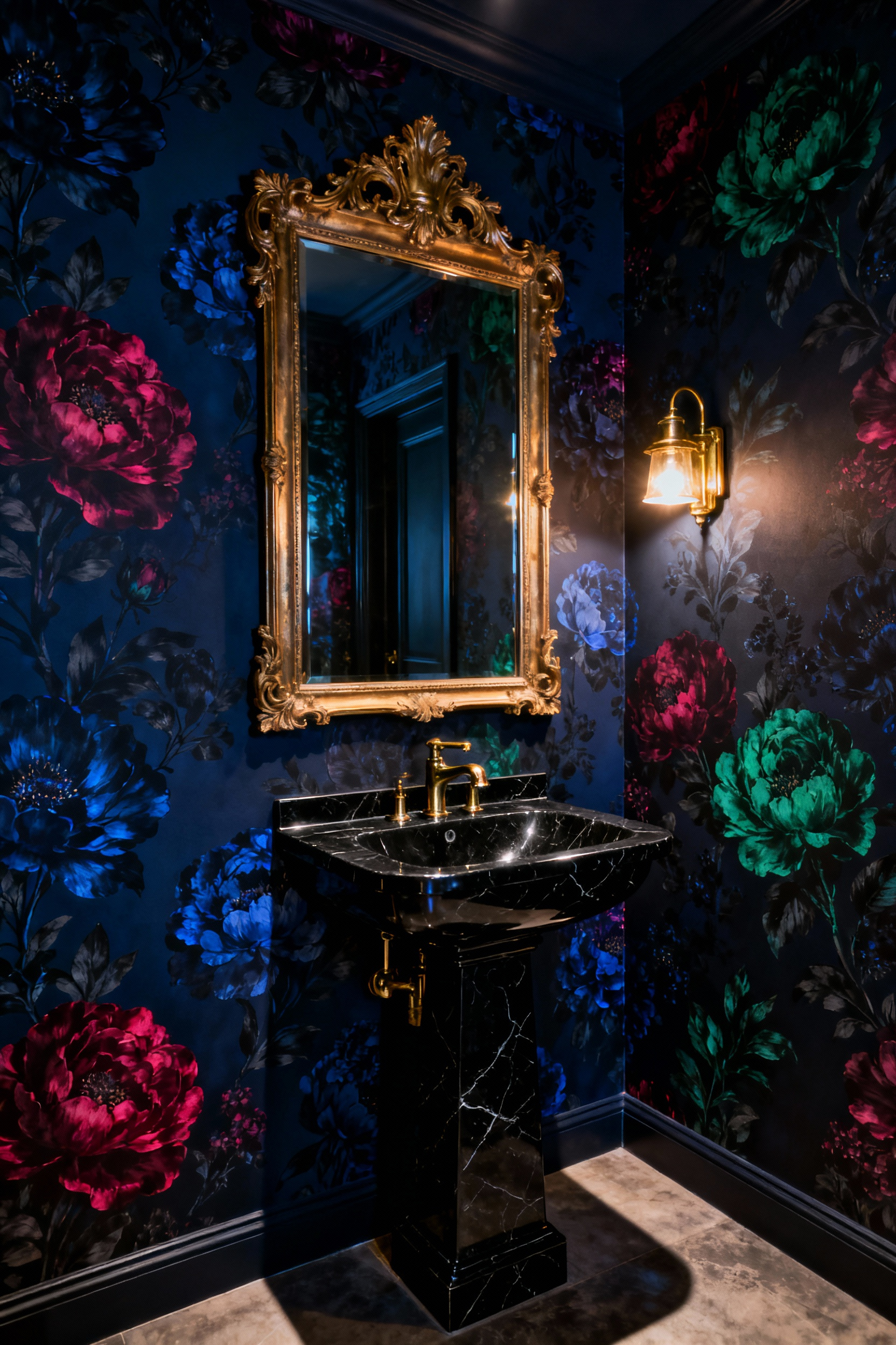 Small luxurious bathroom featuring deep, dark floral wallpaper, polished brass fixtures, and high-contrast chiaroscuro lighting emphasizing the moody, boundary-blurring cocooning effect.