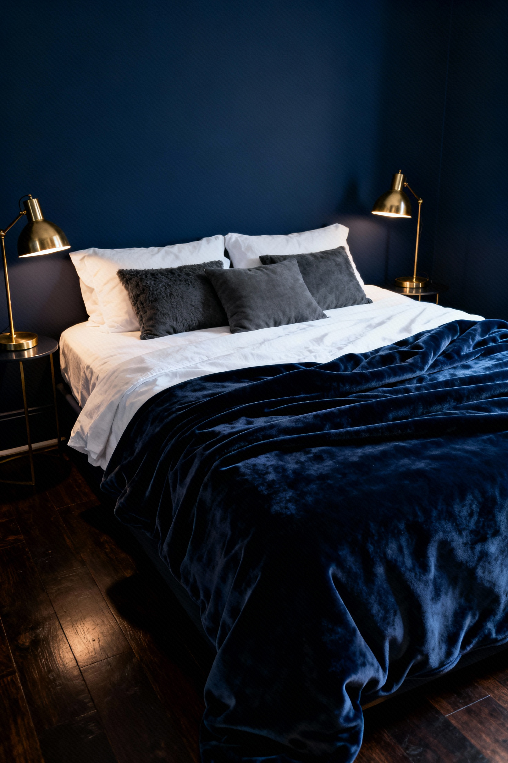 A luxurious bedroom with walls painted Midnight Navy blue, featuring a large bed with layered bedding, emphasizing a dark, cocoon-like environment designed for deep sleep.