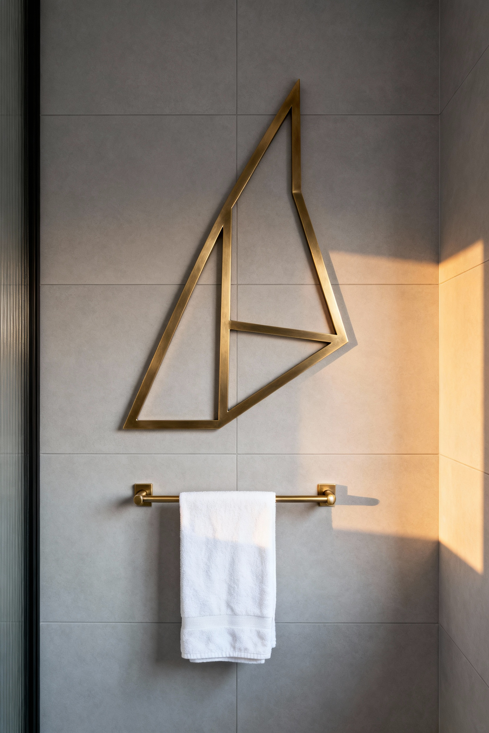 Minimalist brass towel warmer designed as an abstract asymmetric sculpture mounted on pale gray porcelain tile in a luxury bathroom setting.