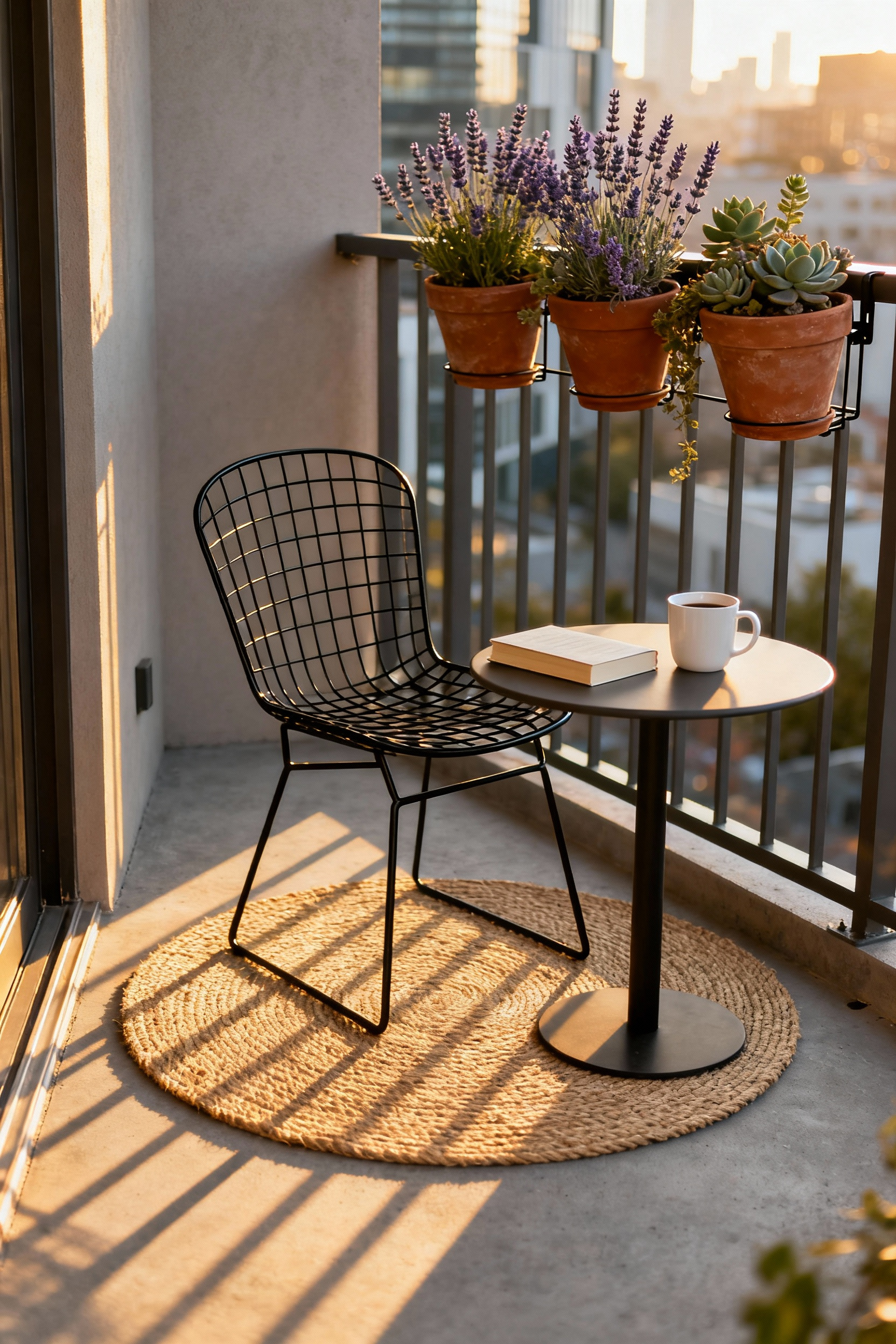 A photograph of a perfectly organized 20-square-foot urban balcony decorated with a small bistro set and minimalist potted plants, emphasizing functional decor over clutter.