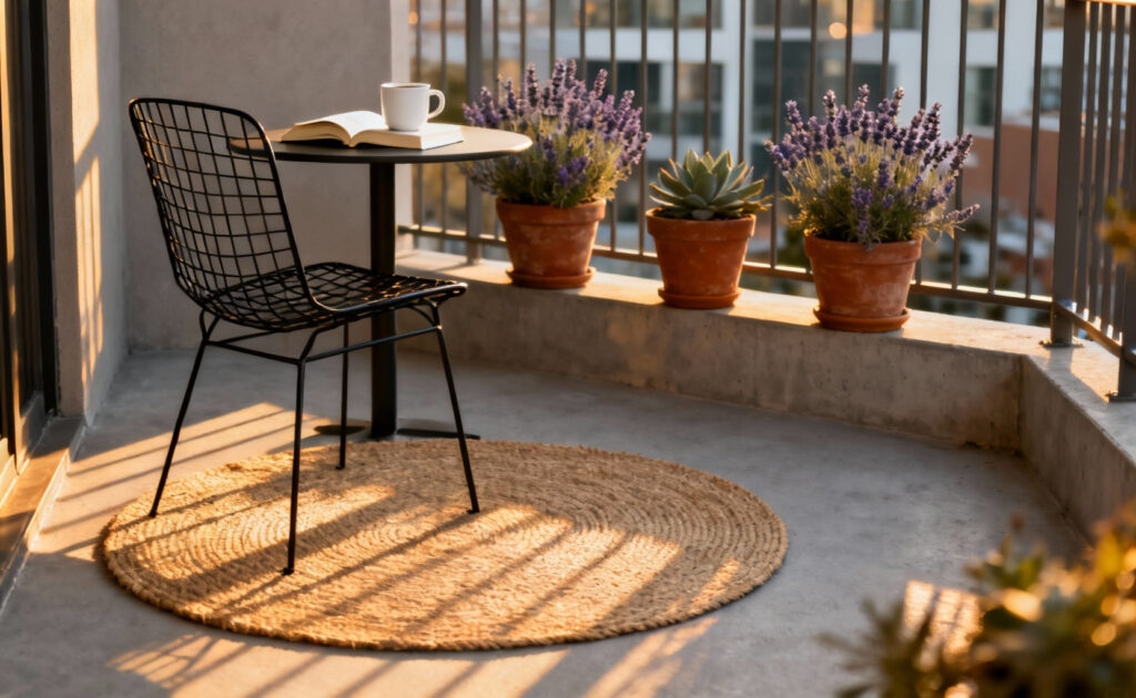 A photograph of a perfectly organized 20-square-foot urban balcony decorated with a small bistro set and minimalist potted plants, emphasizing functional decor over clutter.