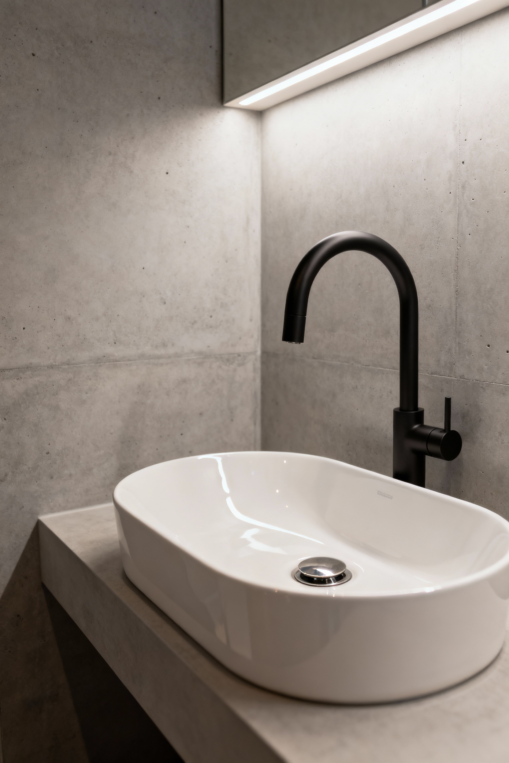 A minimalistic modern bathroom featuring a floating white vanity, light gray concrete walls, and a prominent matte black faucet. The soft, diffused lighting emphasizes the lack of glare and harsh reflections on the smooth, non-shiny fixture surface, demonstrating visual ergonomics.