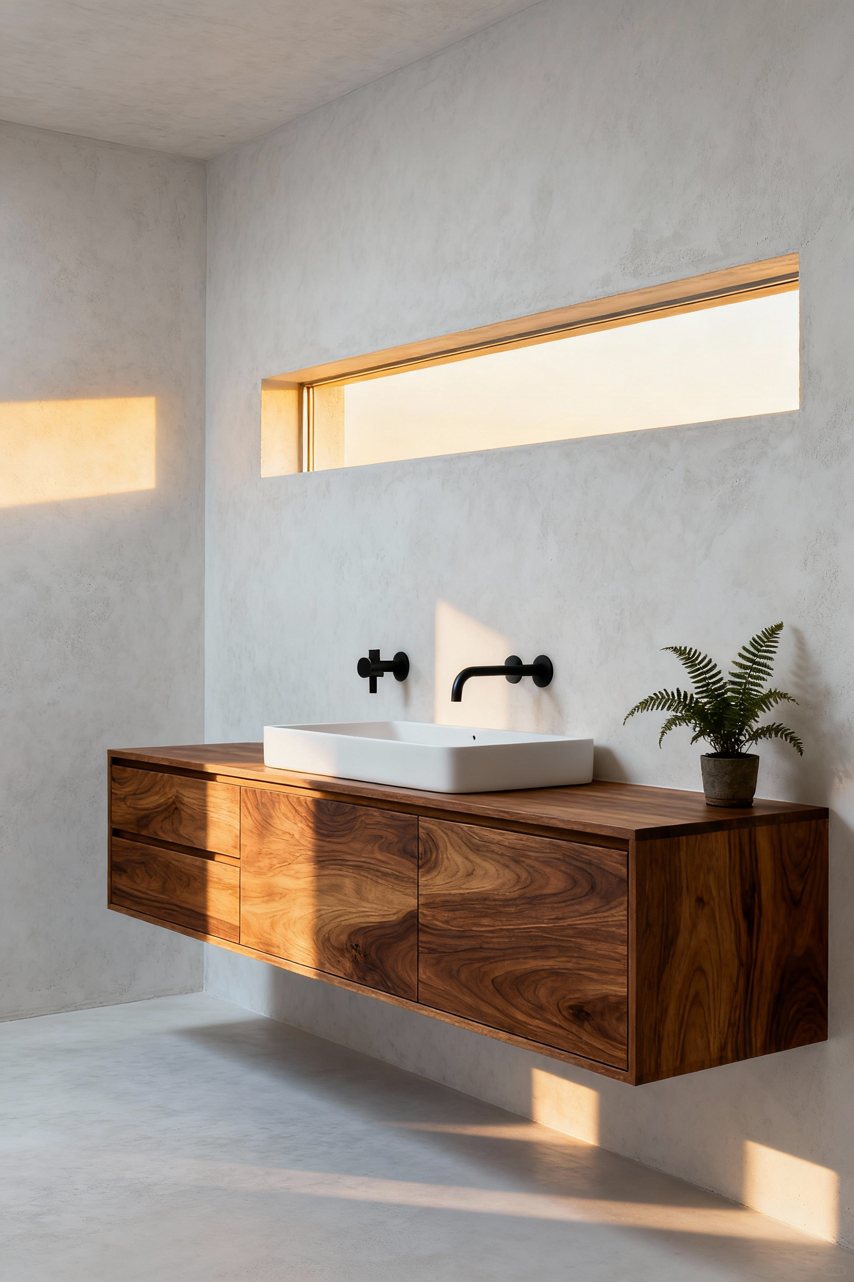 Minimalist bathroom design featuring a floating walnut wood vanity contrasting sharply with white walls and micro-cement flooring, illuminated by warm morning light.