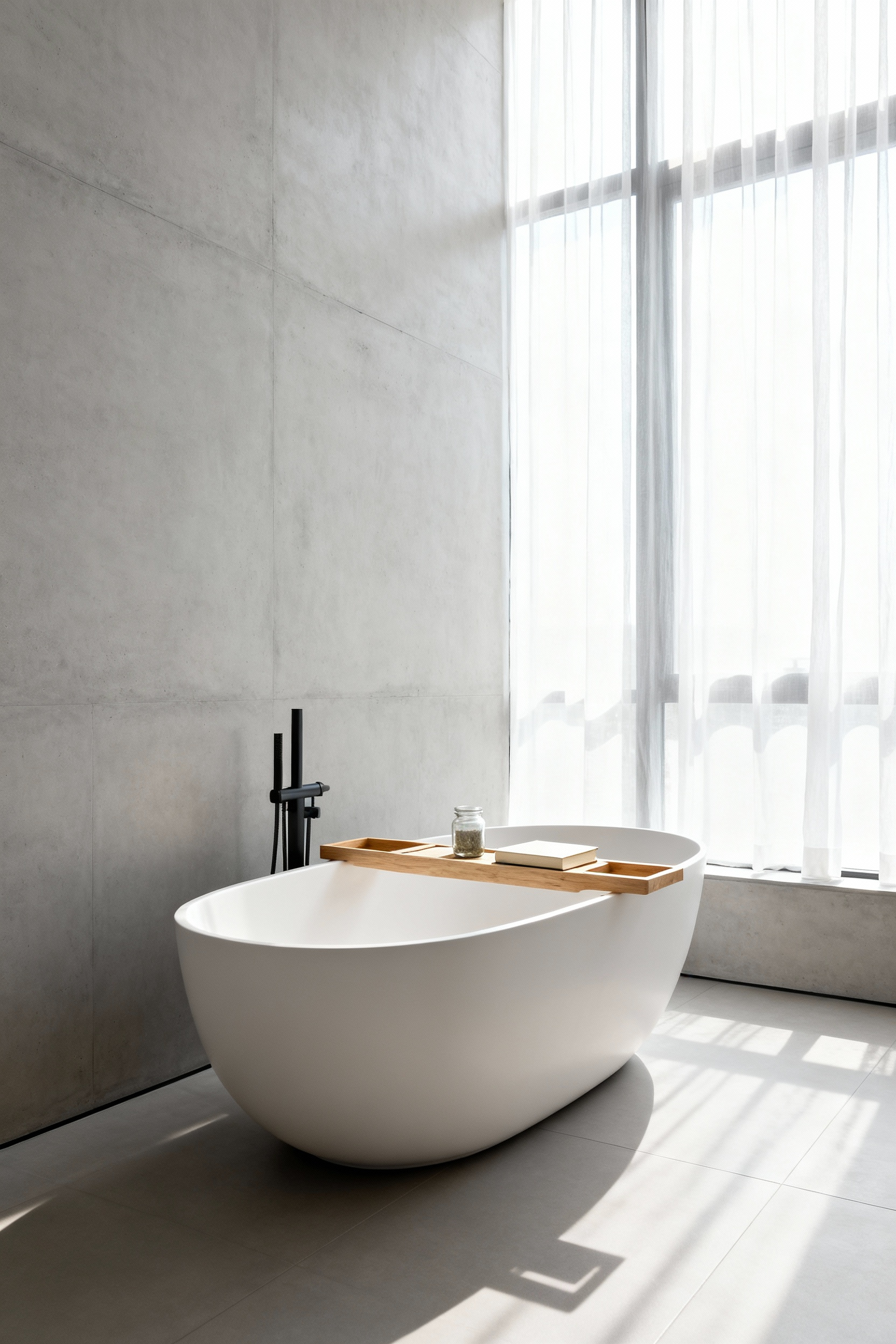 Minimalist bathroom featuring a large freestanding soaking tub and walls intentionally free of electrical outlets or screens to create a digital detox zone.