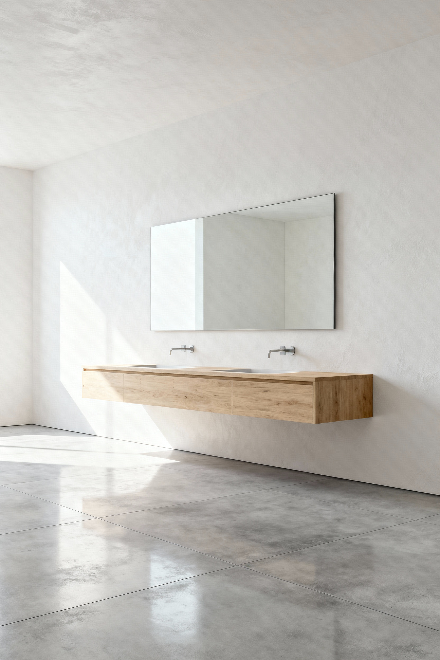 A minimalistic bathroom featuring a light wood wall-mounted floating vanity over a seamless concrete floor, emphasizing open space and reduced visual weight.