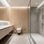 Modern bathroom with floating vanity, wall-mounted toilet, and walk-in shower showcasing clean lines and minimalist fixtures for an expansive, tranquil space.