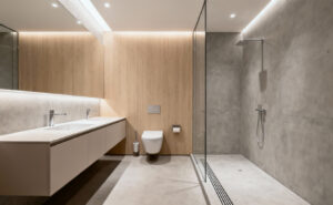 Modern bathroom with floating vanity, wall-mounted toilet, and walk-in shower showcasing clean lines and minimalist fixtures for an expansive, tranquil space.