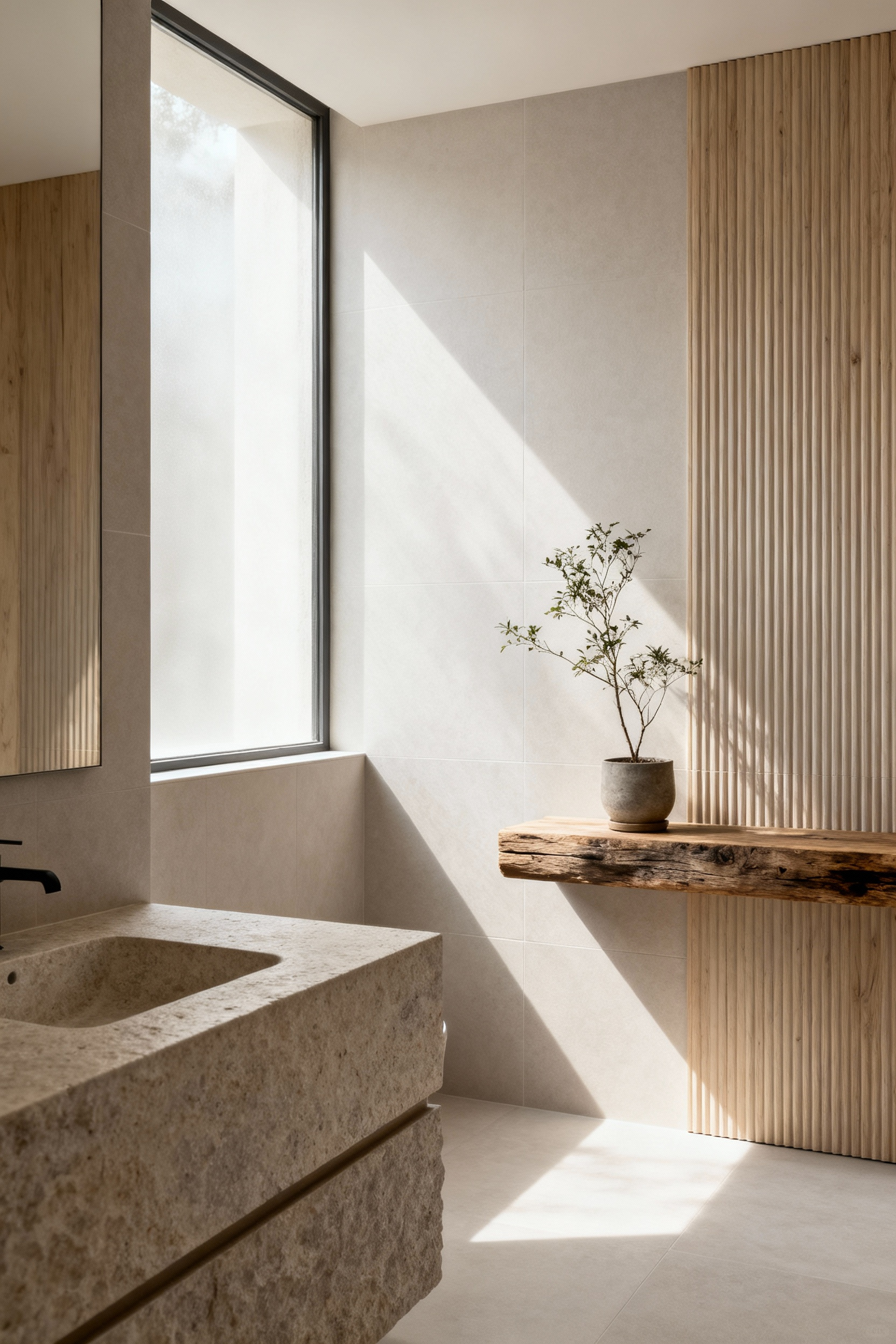 Modern bathroom with neutral tones, showcasing layered textures of stone, matte ceramics, and fluted wood for a serene and tranquil atmosphere.