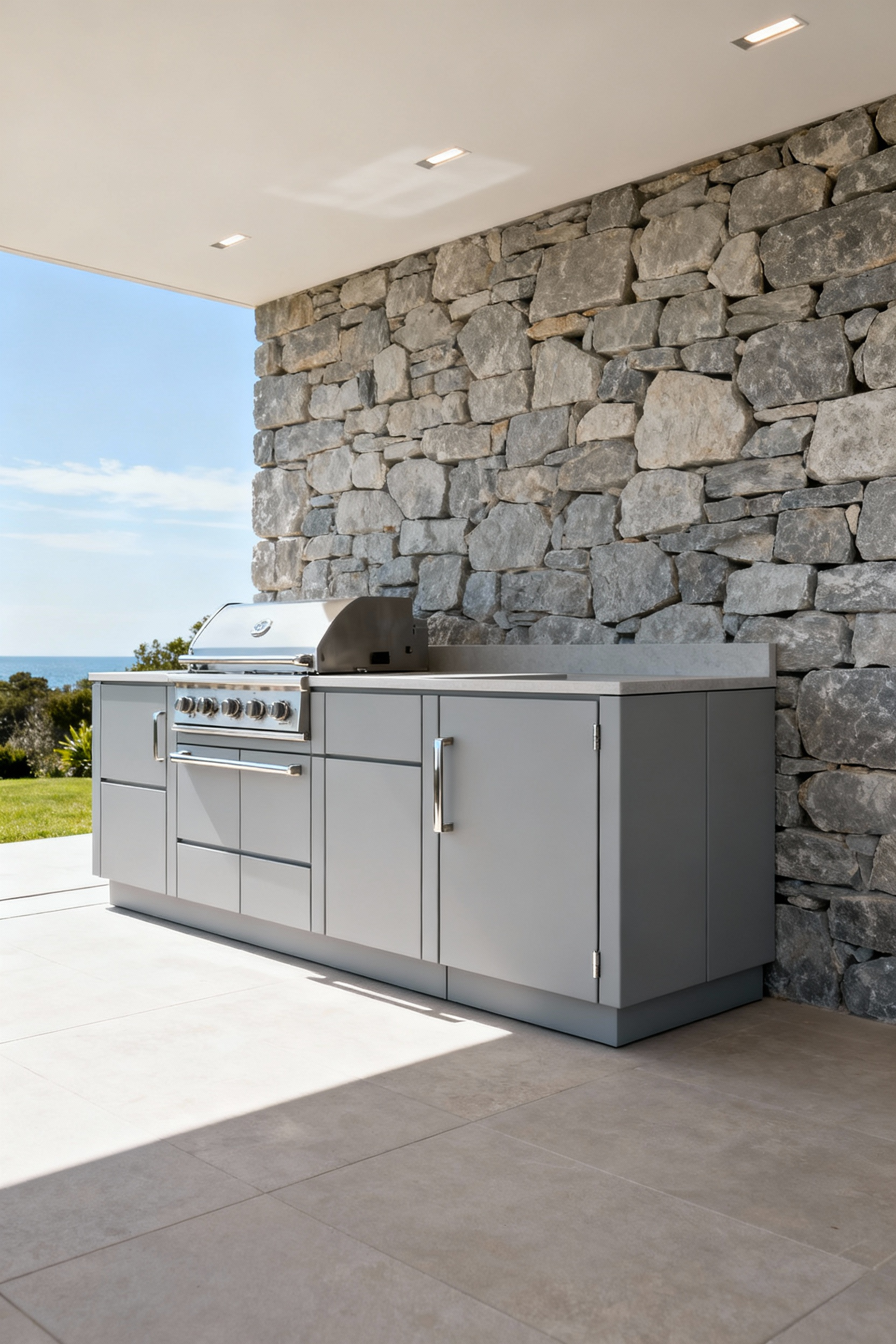 Sleek light gray modular outdoor kitchen cabinets seamlessly integrated into a modern patio setting, designed for future expansion and scalability.