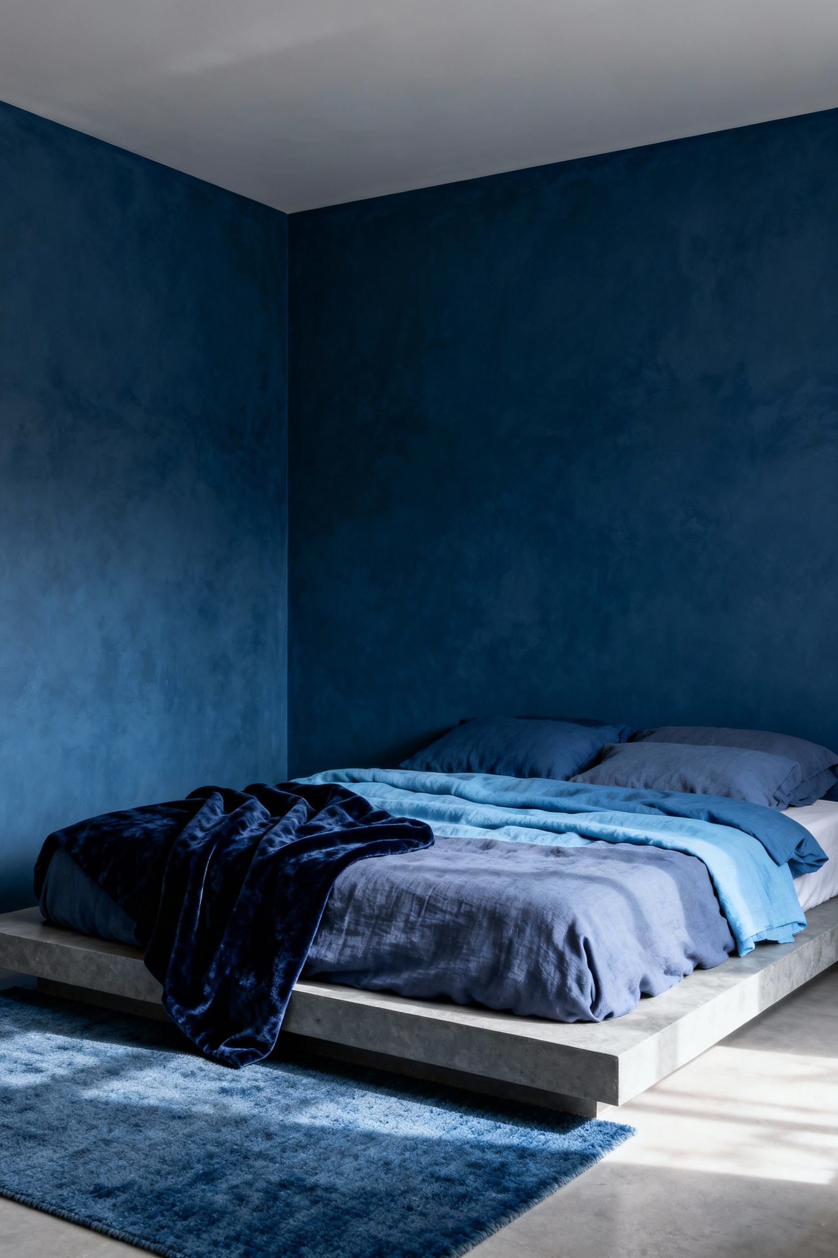 Monochromatic blue bedroom design featuring layered tonal bedding, indigo limewash walls, and a slate blue rug, demonstrating visual silence for reduced cognitive load.
