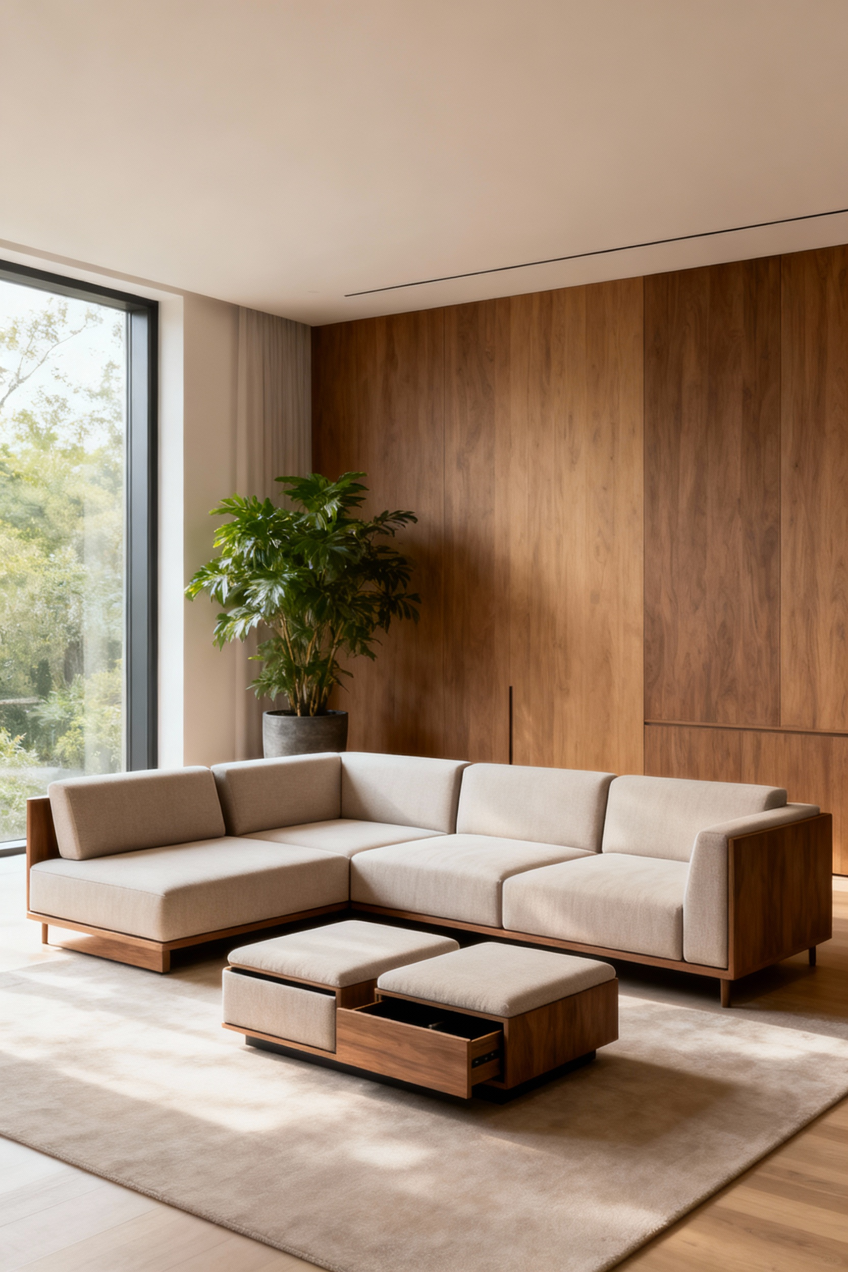A modern living room featuring a versatile modular sofa system with integrated storage and movable components, designed to adapt to various uses like lounging, working, or socialising. The room has soft lighting and natural elements, showcasing efficient space utilization.