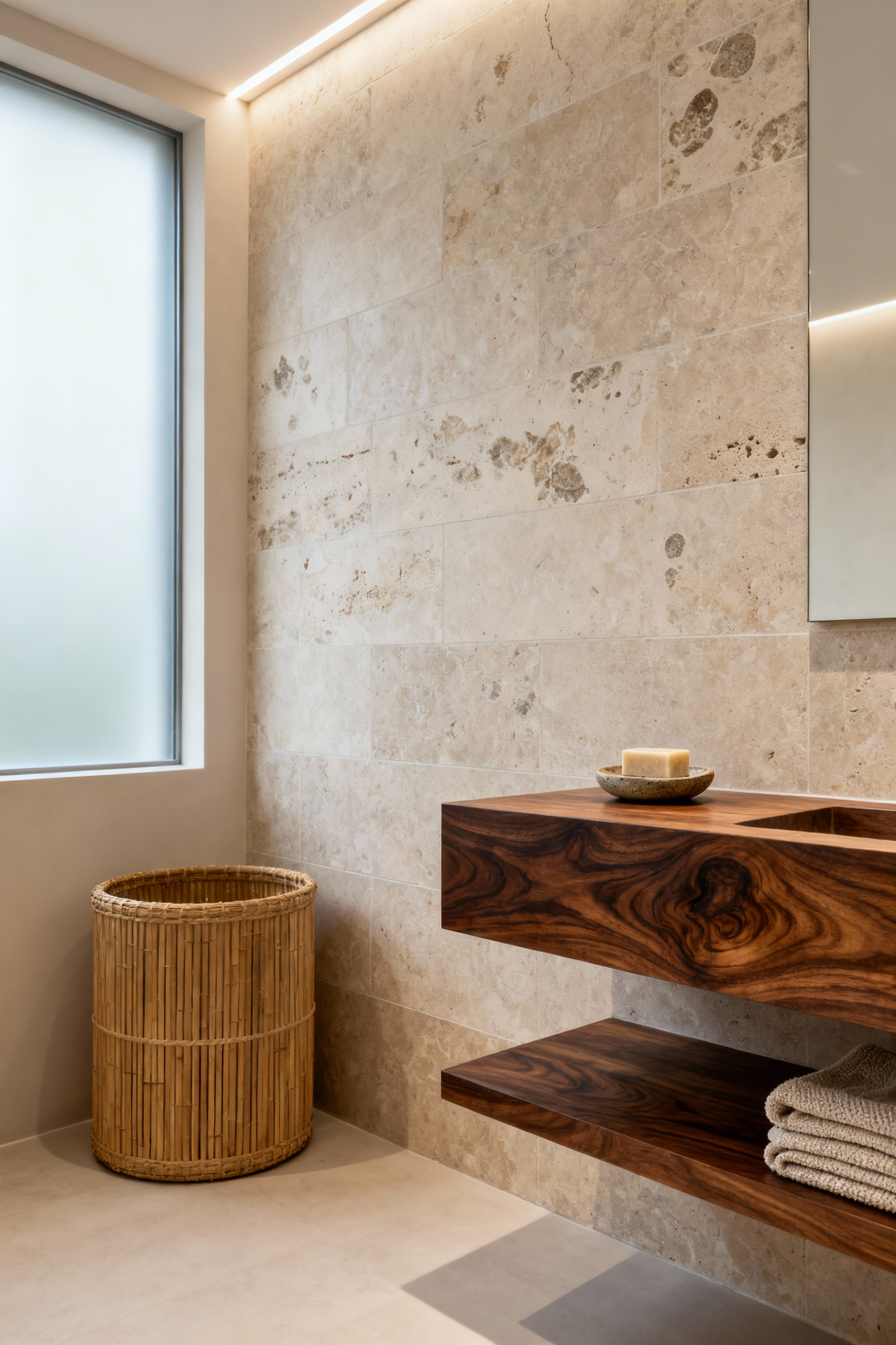 Modern bathroom featuring a honed limestone accent wall, a dark walnut floating vanity, and woven bamboo baskets, emphasizing natural textures for a warm, organic feel.