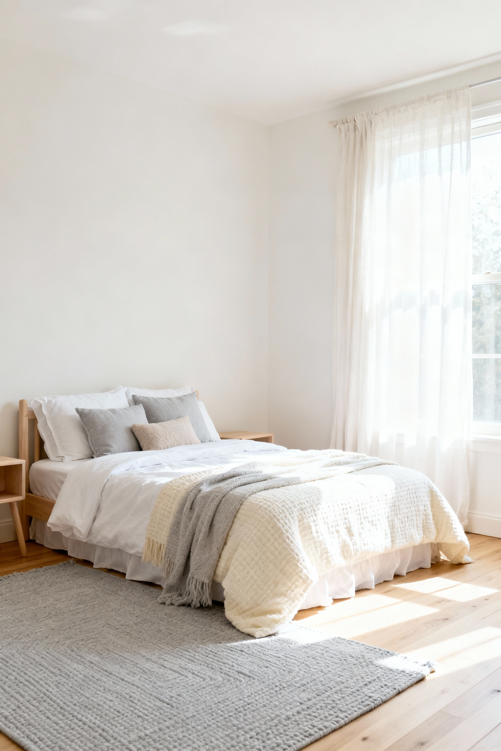 A high-key photograph showing the foundation of a flexible girl's bedroom, featuring soft white walls and neutral cream bedding, designed to be timeless and adaptable.