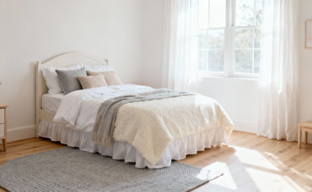 A high-key photograph showing the foundation of a flexible girl's bedroom, featuring soft white walls and neutral cream bedding, designed to be timeless and adaptable.