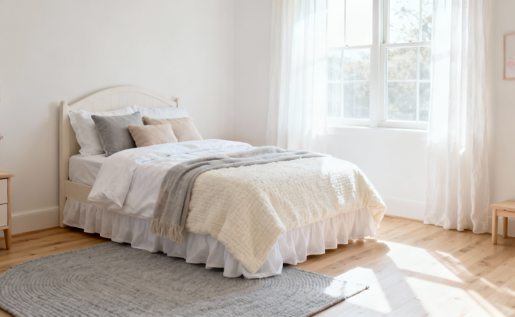 A high-key photograph showing the foundation of a flexible girl's bedroom, featuring soft white walls and neutral cream bedding, designed to be timeless and adaptable.