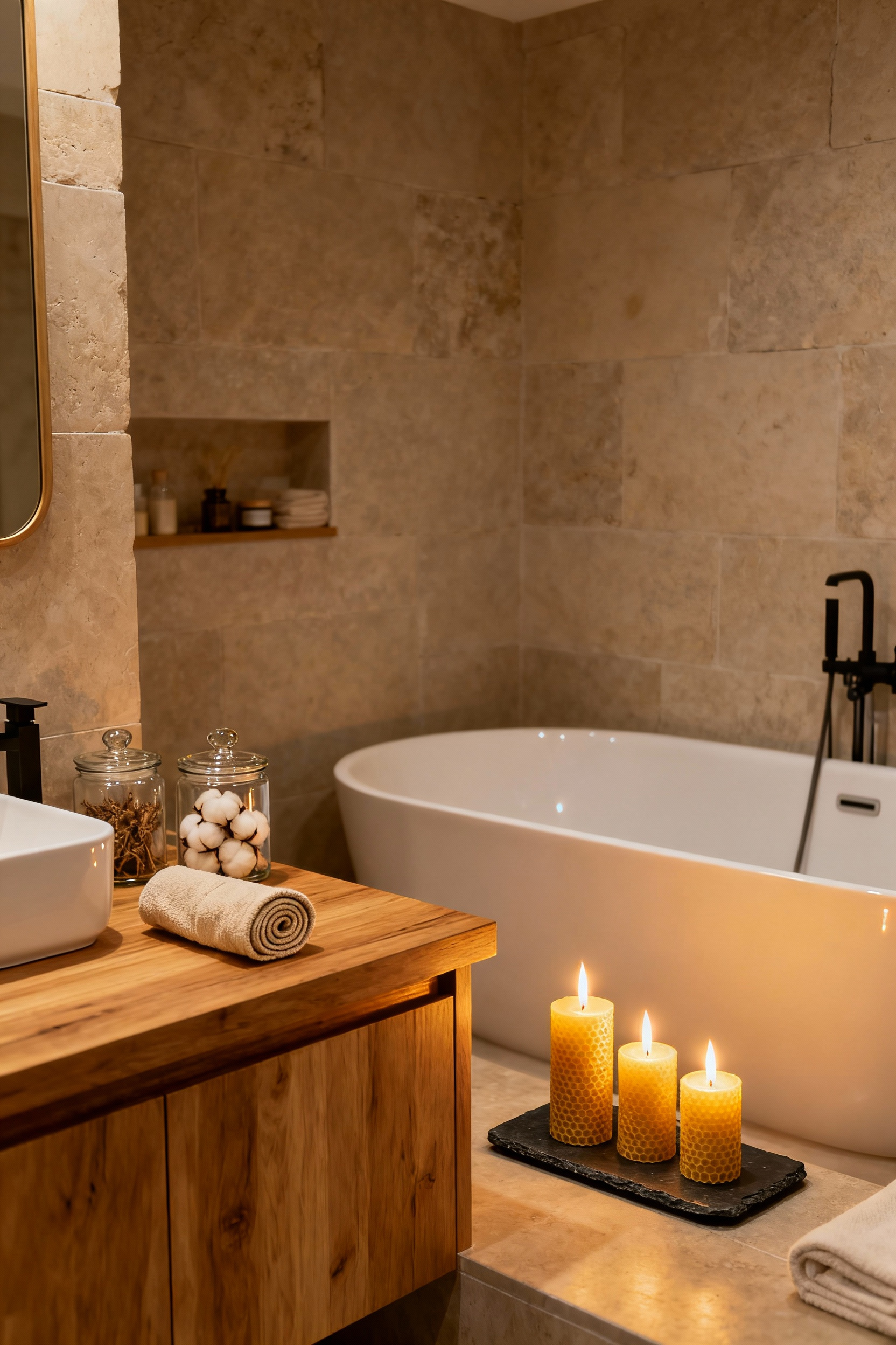 A cluster of clean-burning natural beeswax pillar candles illuminating a tranquil, spa-like bathroom vanity with wooden and slate textures, highlighting non-toxic air purification.