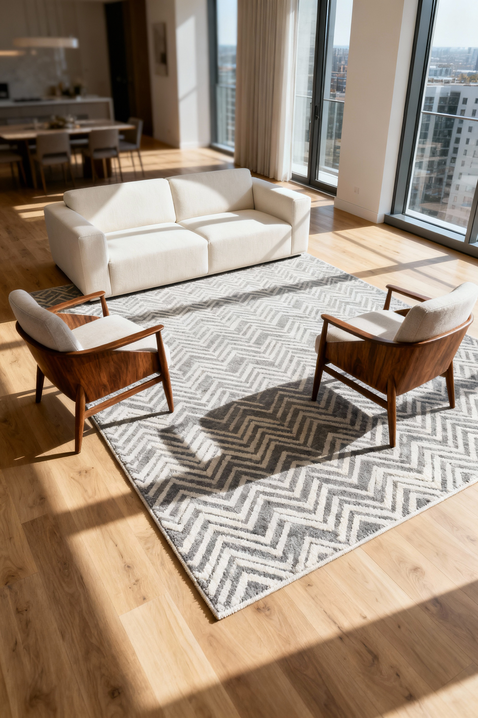 A photograph of an open-plan living room where a large geometric area rug anchors a sectional sofa and two chairs, defining a distinct functional zone.