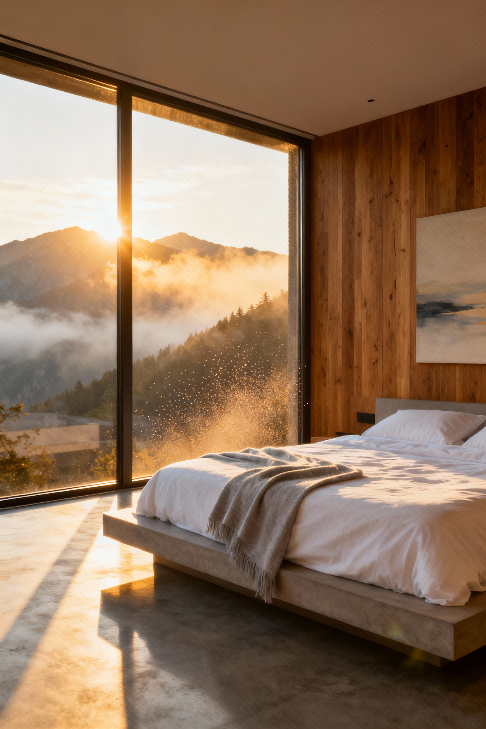 A serene bedroom furniture layout showing a minimalist bed positioned directly facing a large window with a clear view of a sunlit, misty nature landscape, emphasizing the 'Morning View' concept for positive waking.