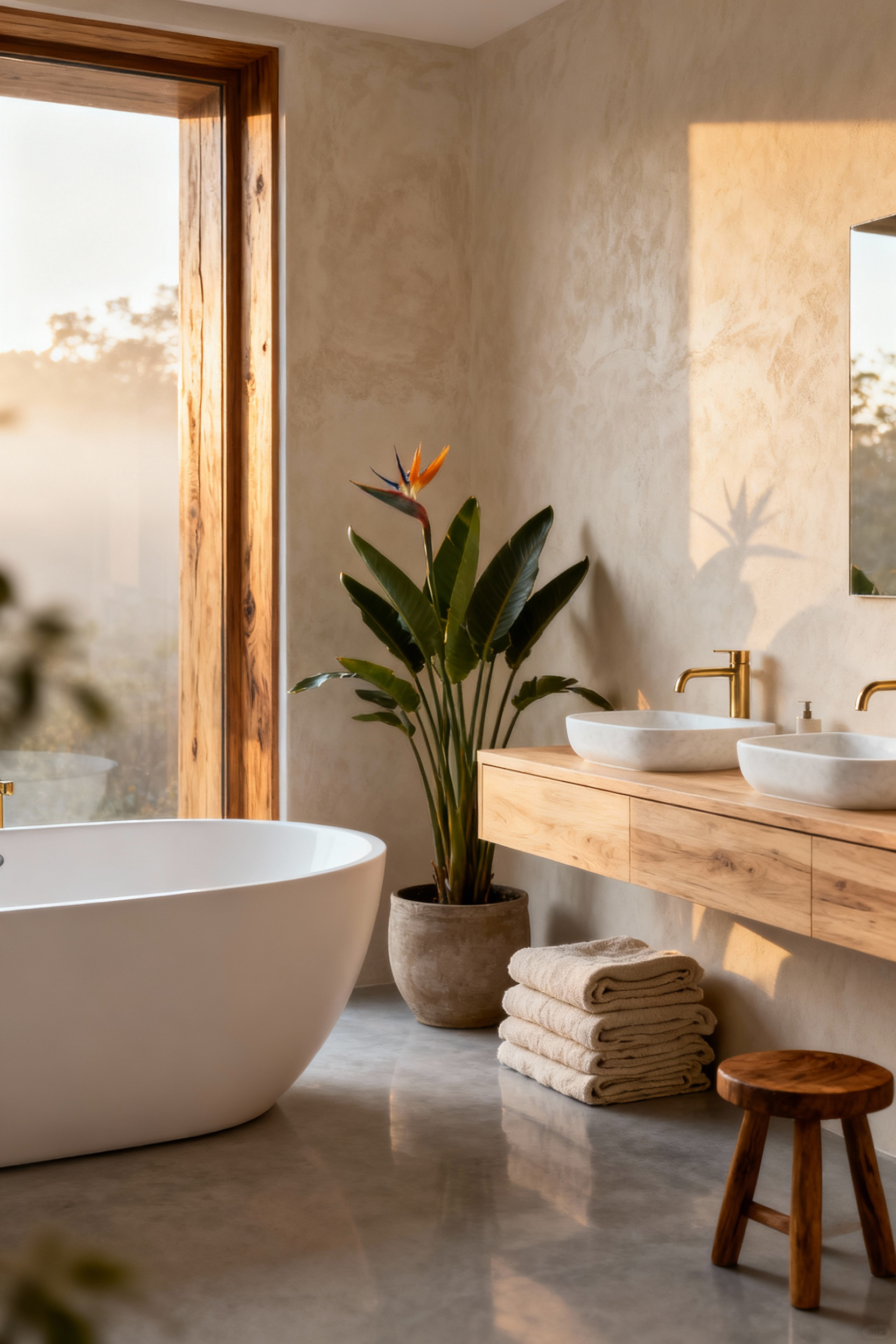 An Organic Modern minimalist bathroom featuring a matte white bathtub, floating oak vanity, textured cream plaster walls, and large windows with soft morning light, emphasizing natural materials and tactile warmth.