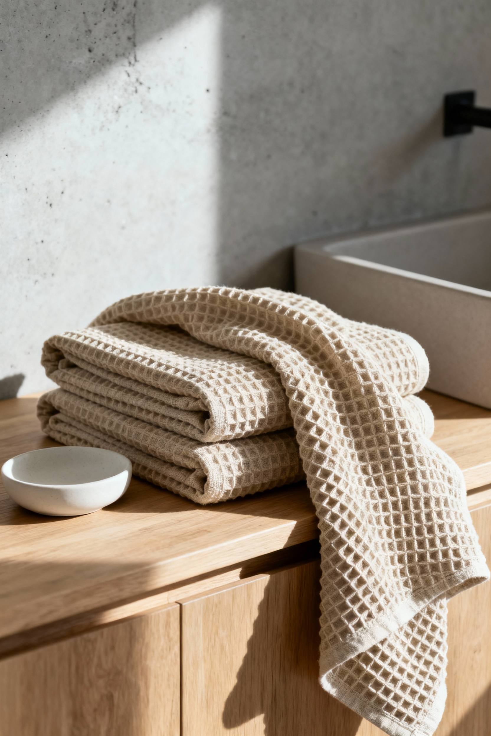 A stack of clean, pale gray organic waffle-weave towels resting on a modern wooden shelf in a bright, minimalist bathroom, highlighting the texture designed for exfoliation and circulation.