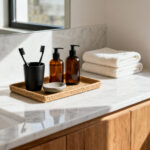 A tranquil, organized marble bathroom vanity showing coordinated amber glass and rattan bathroom accessories and neatly folded towels, emphasizing reduced visual clutter for nervous system regulation.
