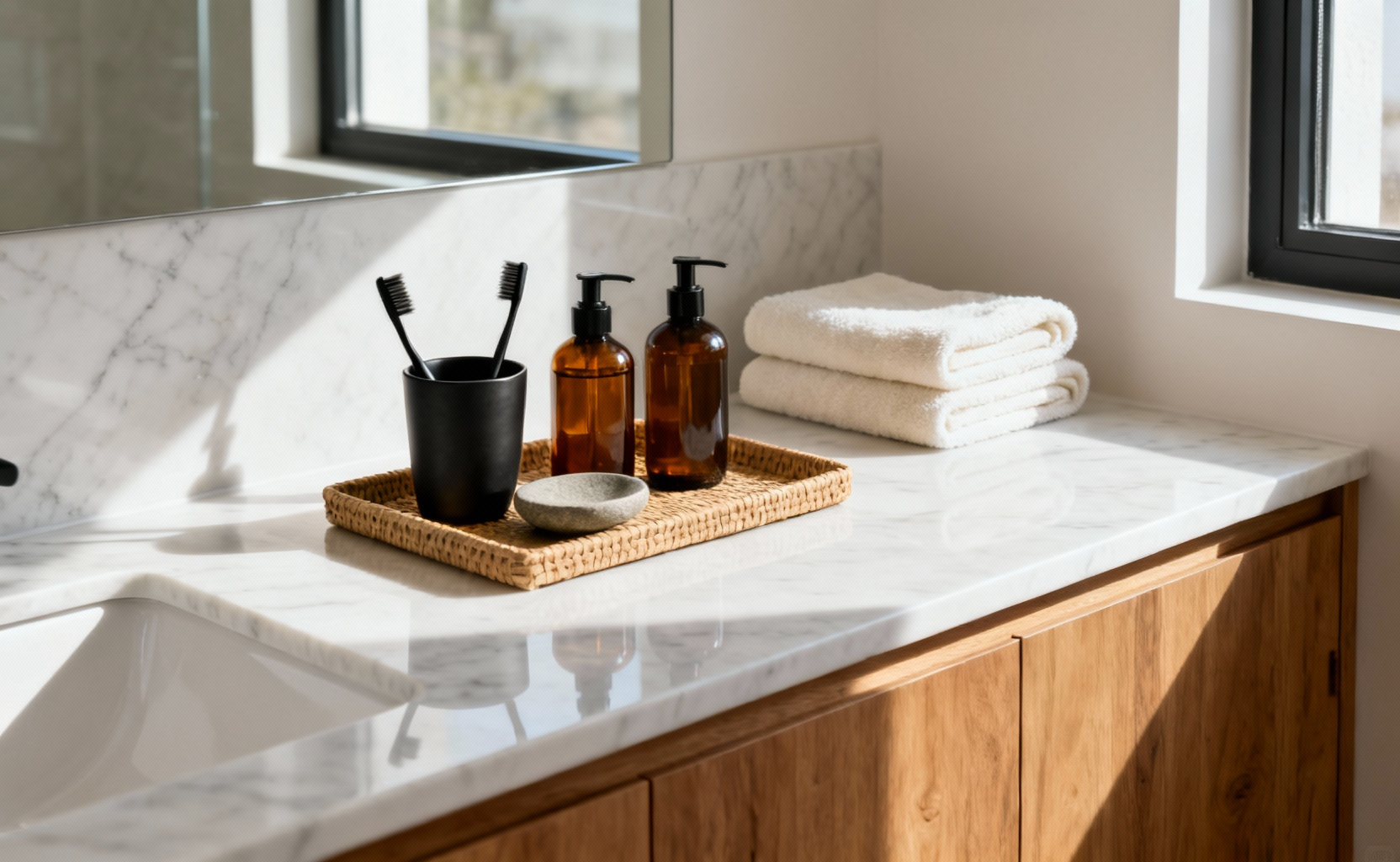 A tranquil, organized marble bathroom vanity showing coordinated amber glass and rattan bathroom accessories and neatly folded towels, emphasizing reduced visual clutter for nervous system regulation.