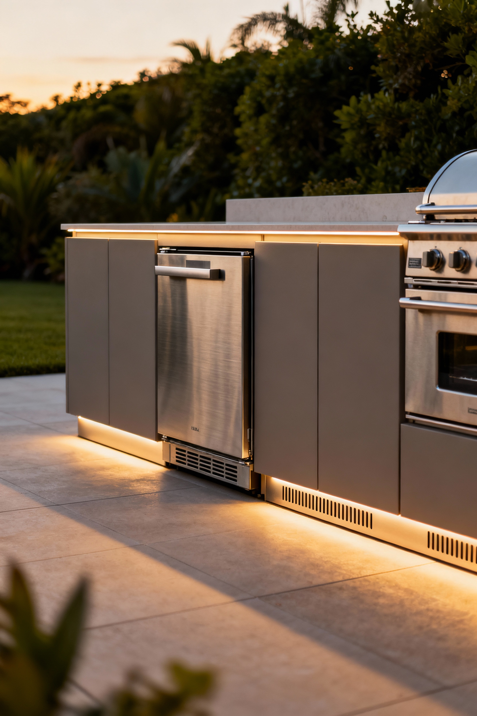 A modern outdoor kitchen features custom-built enclosures for specialty appliances like a refrigerator, integrated seamlessly into marine-grade polymer cabinets, demonstrating a sleek, protected, and cohesive aesthetic.