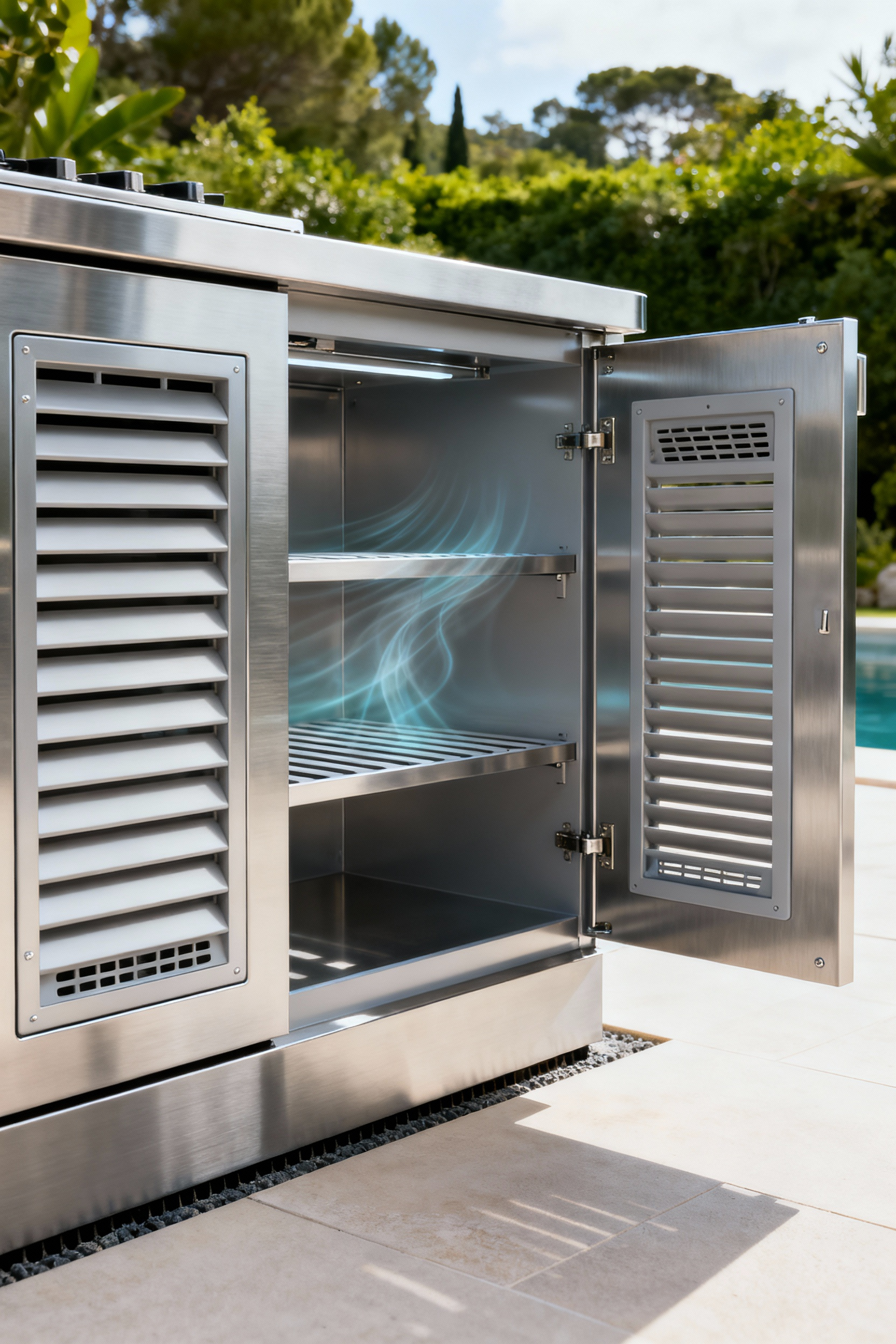 Diagram showing outdoor kitchen cabinet with ventilation and moisture management features, including louvered vents and elevated base.