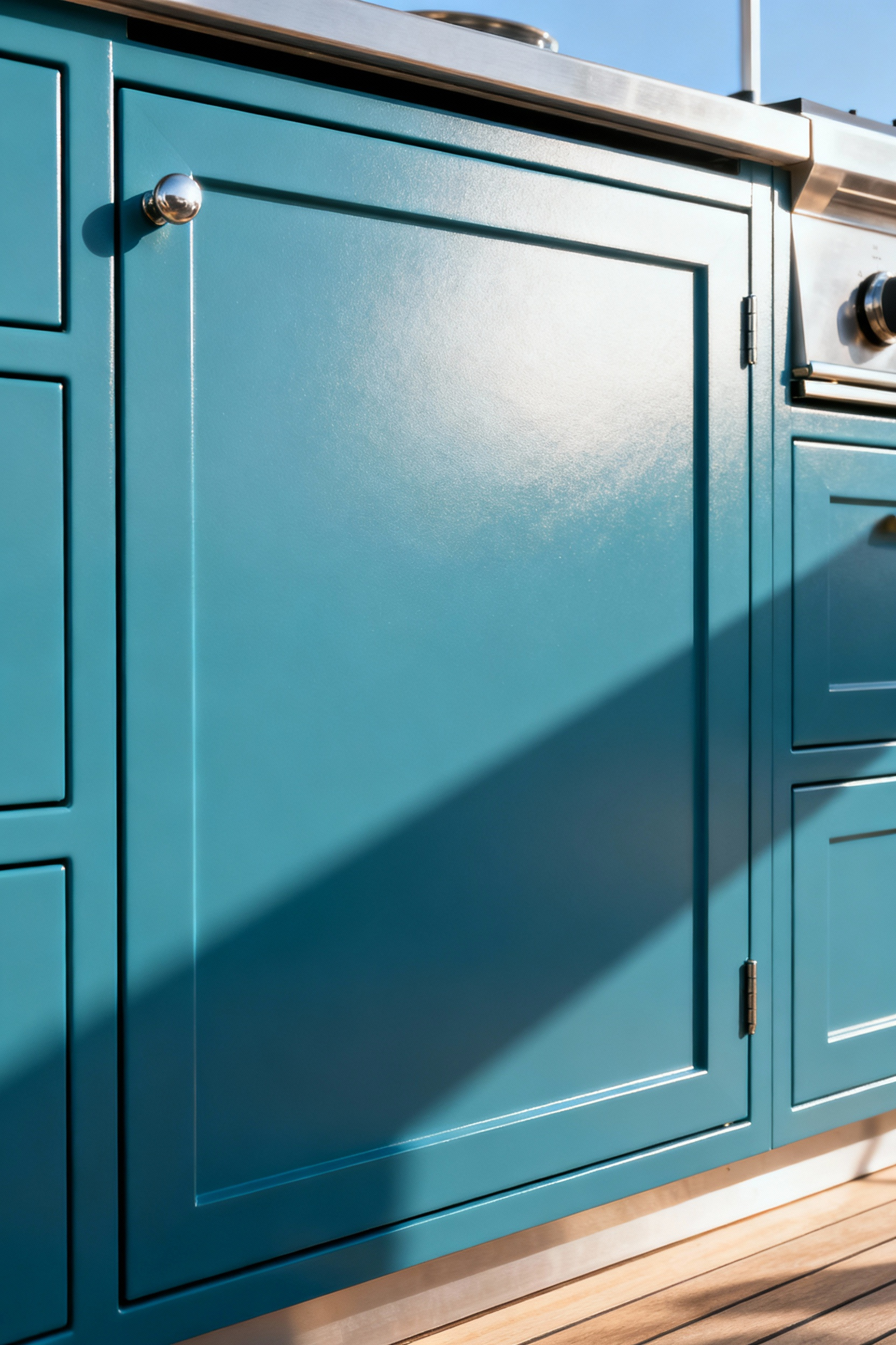 A pristine marine-grade polymer outdoor kitchen cabinet door, gleaming under soft light, representing proactive maintenance for lasting beauty and performance.