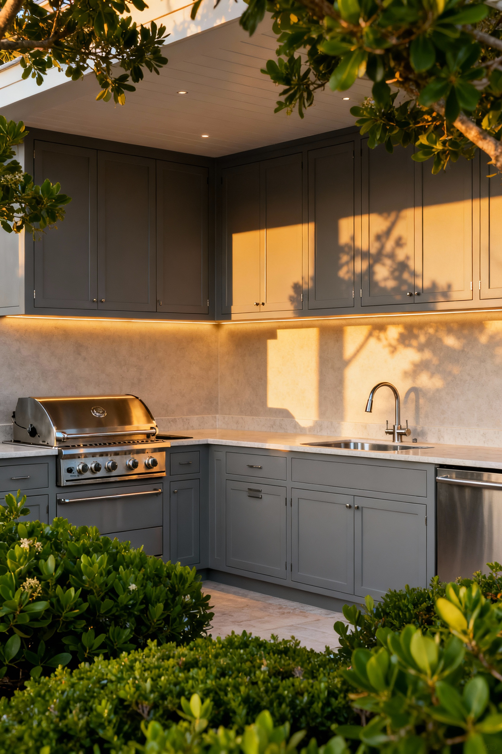 Elegant outdoor kitchen showcasing an optimized U-shaped layout with sleek marine-grade polymer cabinetry, built-in grill, large prep island, and integrated sink, enhancing cooking workflow and guest interaction.