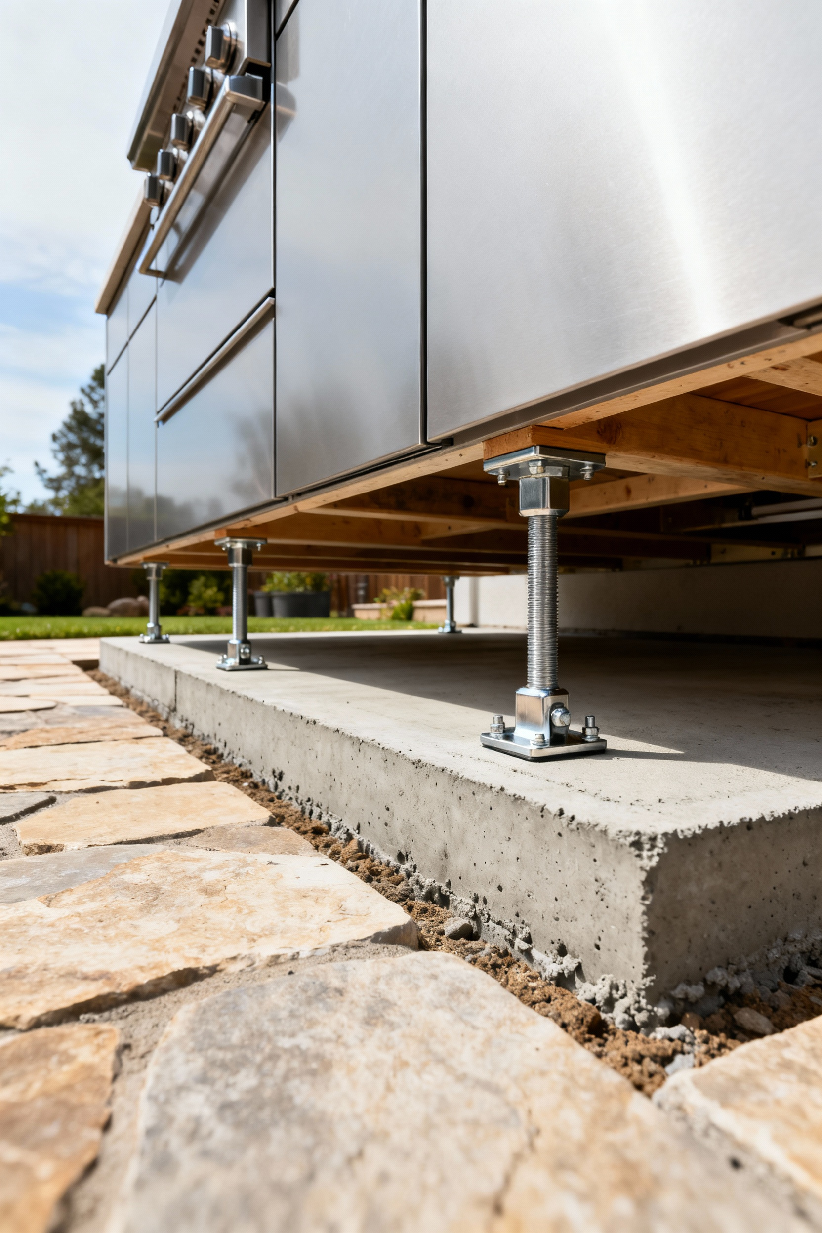Close-up of a perfectly level and robust foundation supporting modern outdoor kitchen cabinets, showcasing adjustable leveling feet on a reinforced concrete slab for long-term integrity.