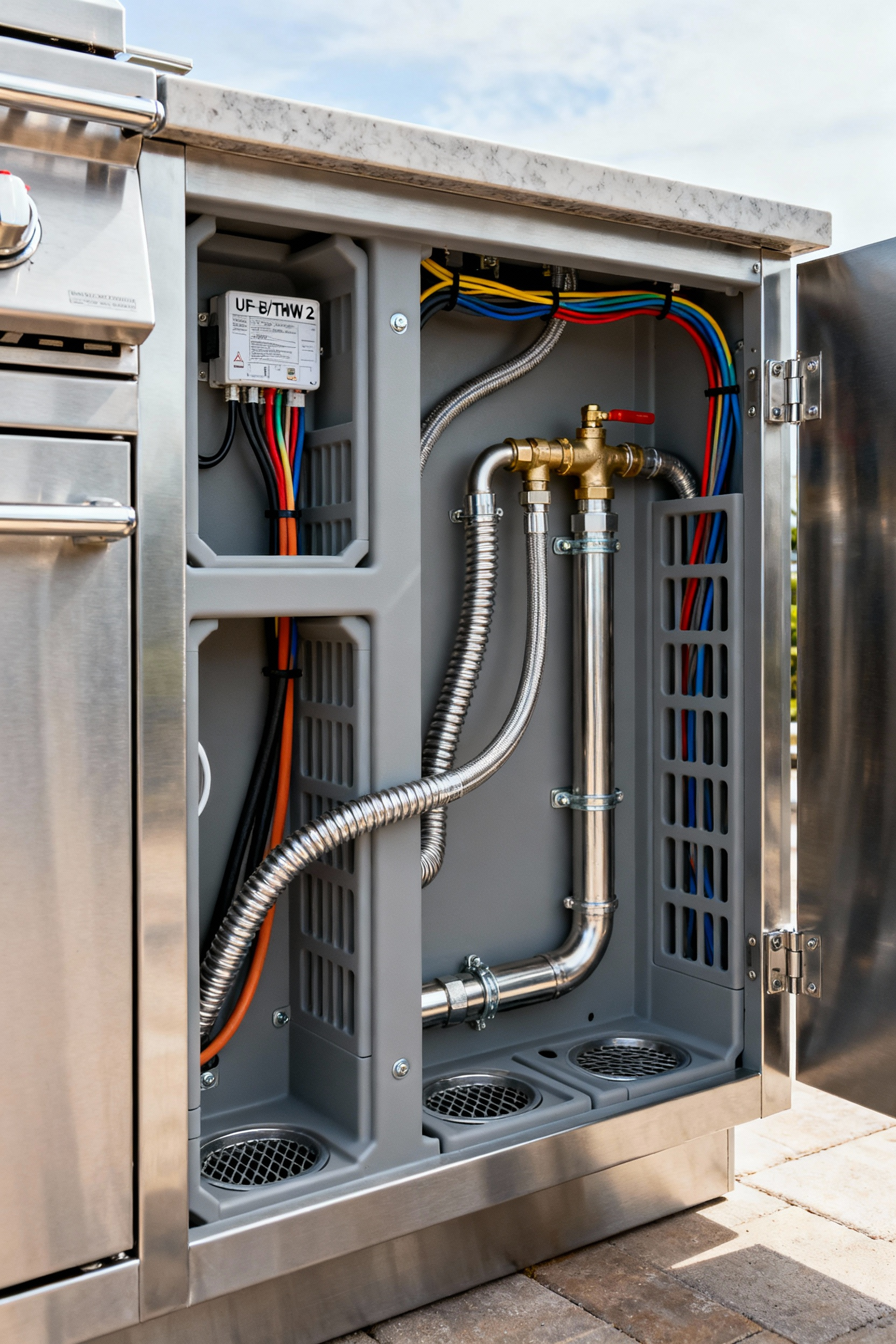 Close-up professional photo of the inside of an outdoor kitchen cabinet showing neatly organized, dedicated, and code-compliant utility routing, including electrical conduits, gas lines, and water pipes within weather-resistant channels. The system is designed for safety and longevity.