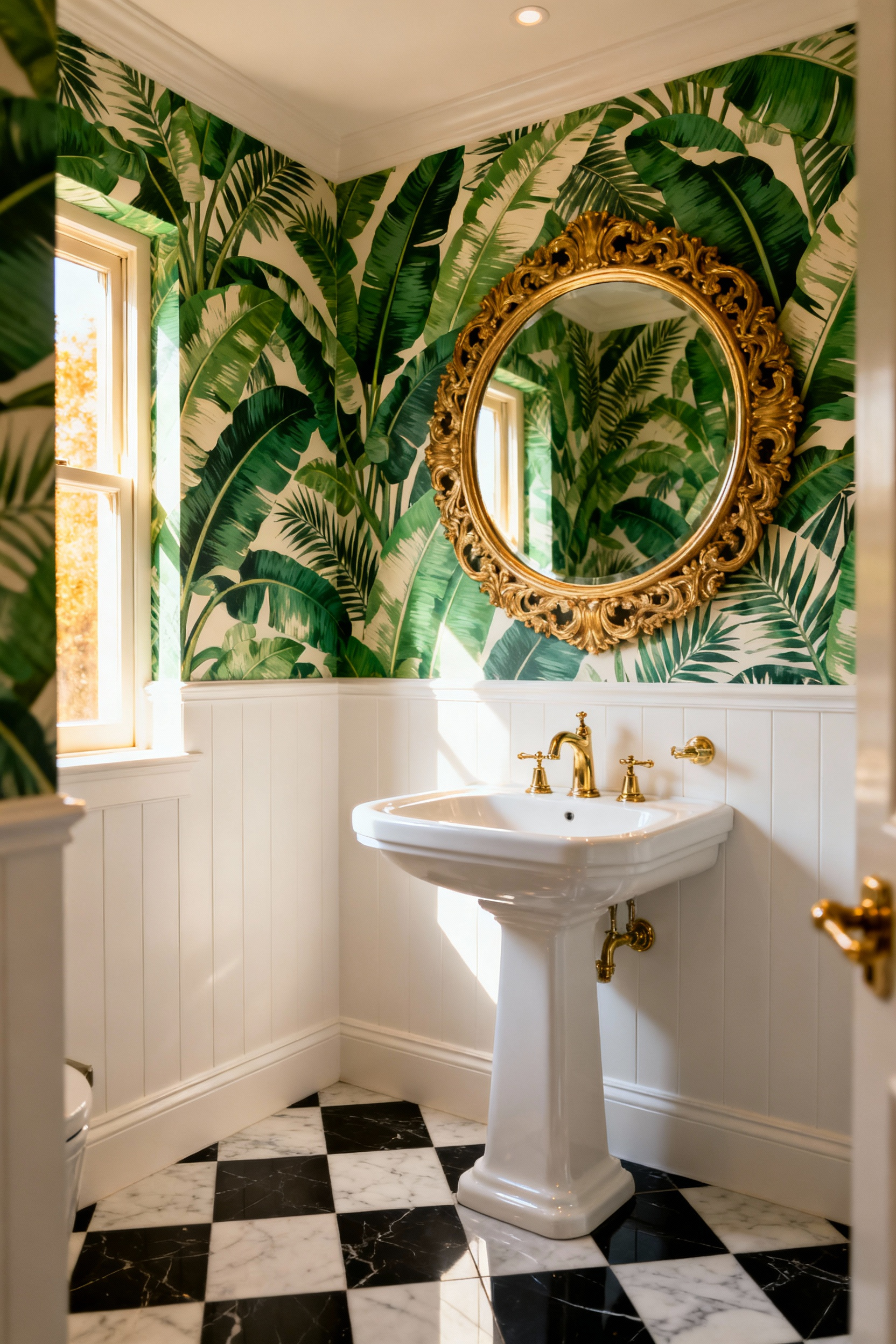 Luxurious small bathroom with oversized emerald green tropical frond wallpaper, polished brass fixtures, and a white pedestal sink, embodying the Hollywood Regency aesthetic.