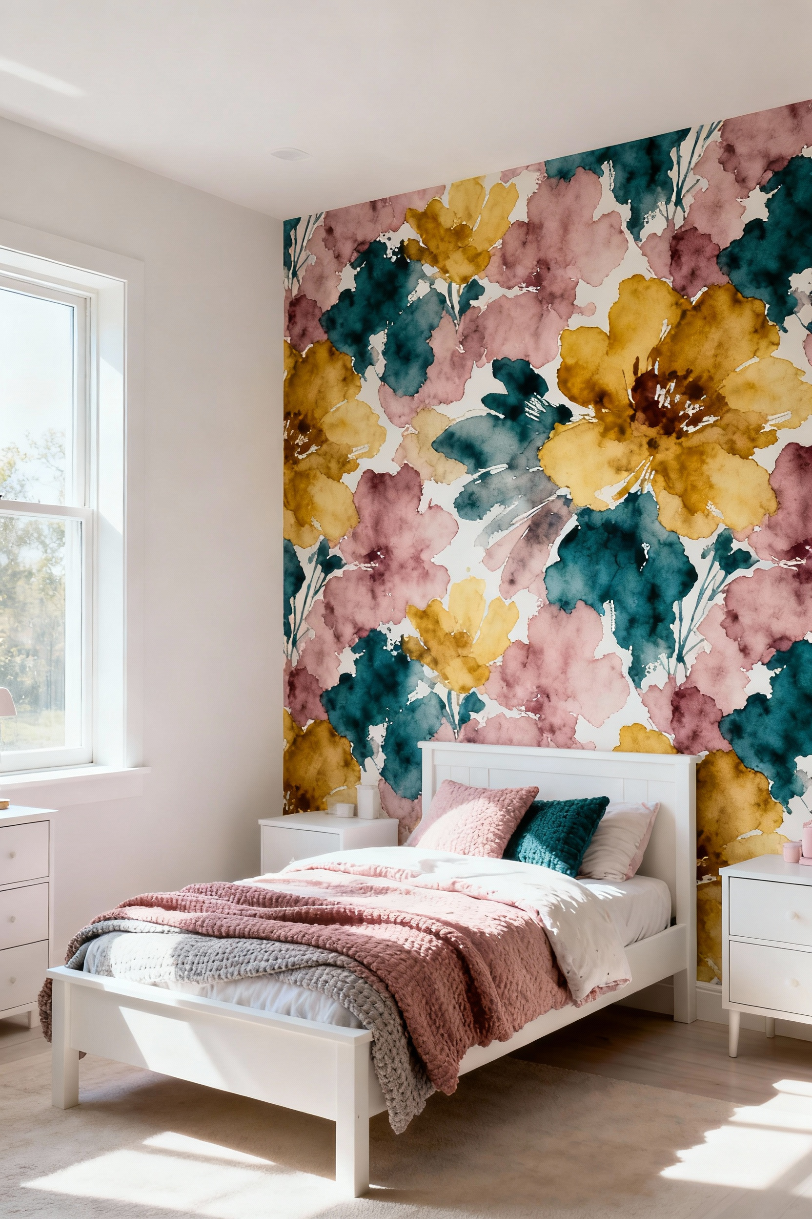 A stylish girl's bedroom featuring dramatic watercolor peel-and-stick wallpaper on the main wall, illustrating easy, temporary design changes for evolving tastes.