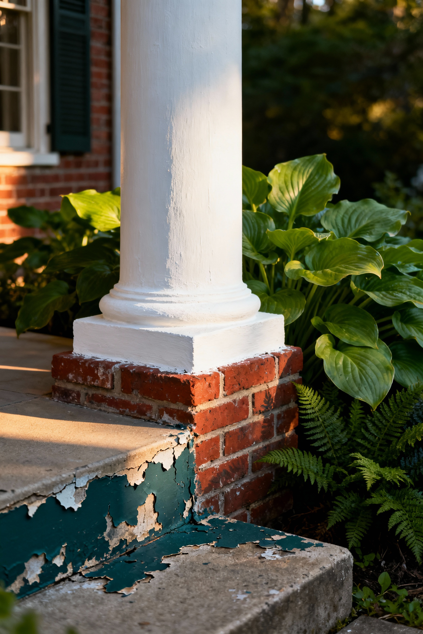 A photograph of a historic porch foundation made of aging red brick coated in a breathable white limewash, contrasting with a nearby section of peeling, flaking teal paint on a concrete step.