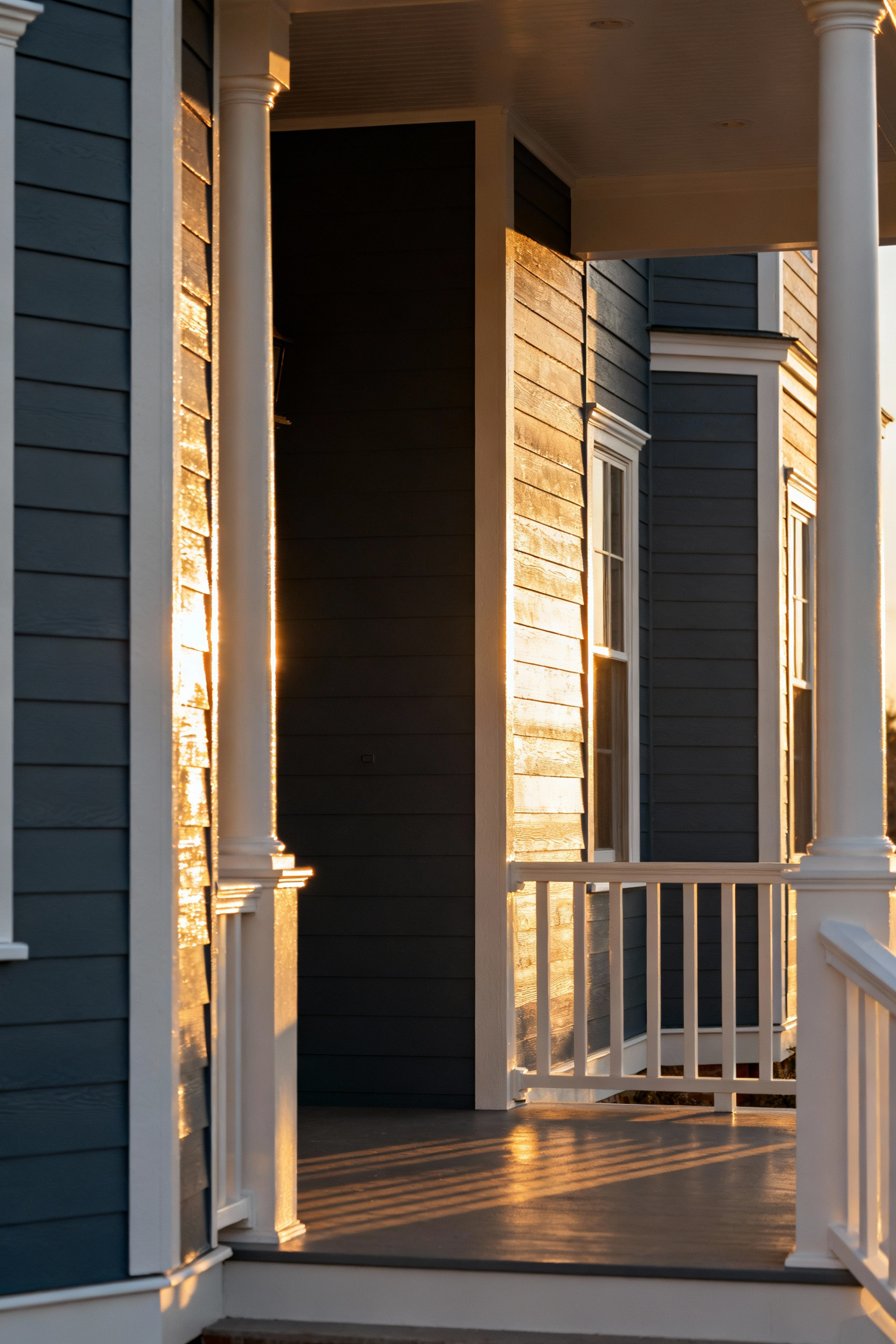A traditional porch showing the contrast between matte slate blue walls and high-gloss white trim, demonstrating how paint sheen dictates light reflection and creates depth.