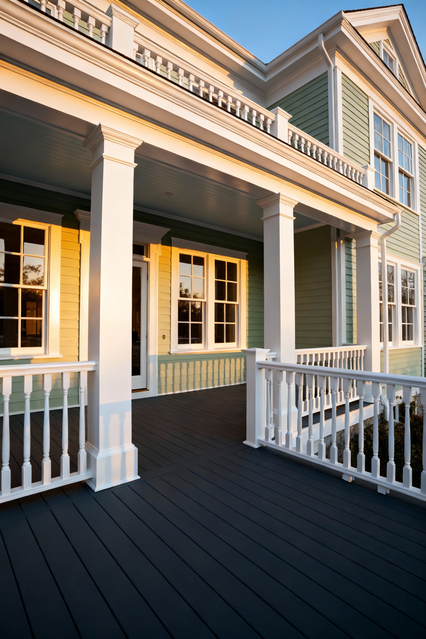 Wide shot of a classic home porch illustrating unified white architectural details, including spindles, columns, and railings, contrasting against pale green siding, demonstrating classic porch paint ideas.