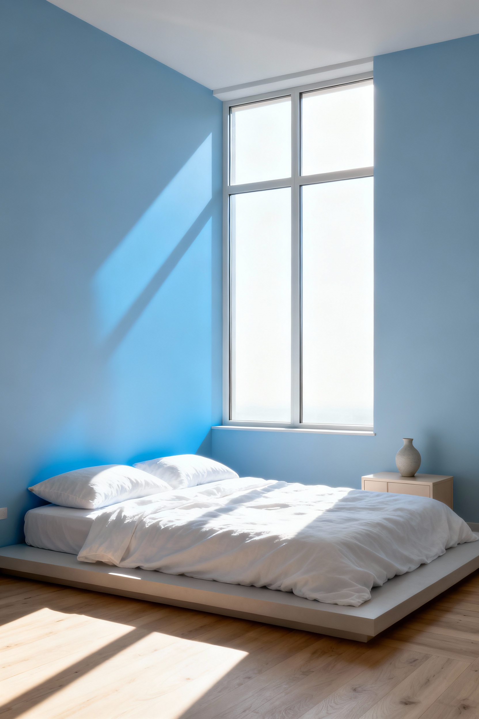 A minimalist bedroom with powder blue walls illuminated by strong early morning sunlight reflecting the blue light onto the white bedding.